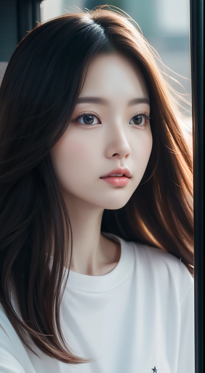 realistic photos of 1 cute Korean star, floating hair, white skin, thin makeup, 32 inch breasts size, wearing t-shirt, at bus stop, close-up portrait, Genre painting, UHD