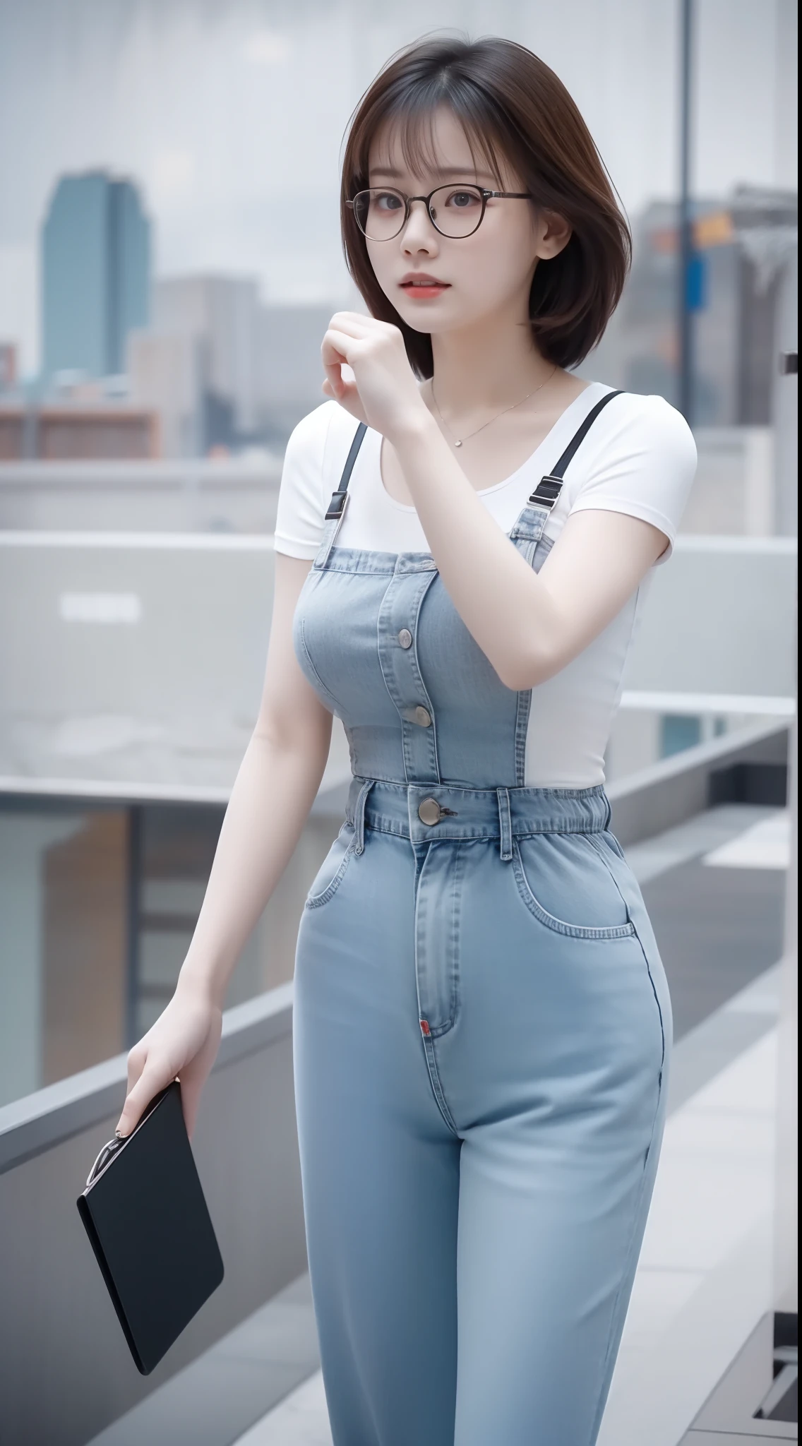 tmasterpiece、8K、RAW photography、(reallistic:1.4)、High resolution oral cavity、The eyes are in high definition、Shiny skin、largeeyes、face round,Double eyes、Puffy eyes、Medium breasted woman, (bob hair:1.4)、Abnormal appearance、One lady、20yr old, facial expression of sadness、Woman with glasses、Gilet blanc、Wearing jeans、On the roof of an abandoned building、clouds、Film grains、Movie light、The wind is blowing、The lens is 50mm、Woman with white hair