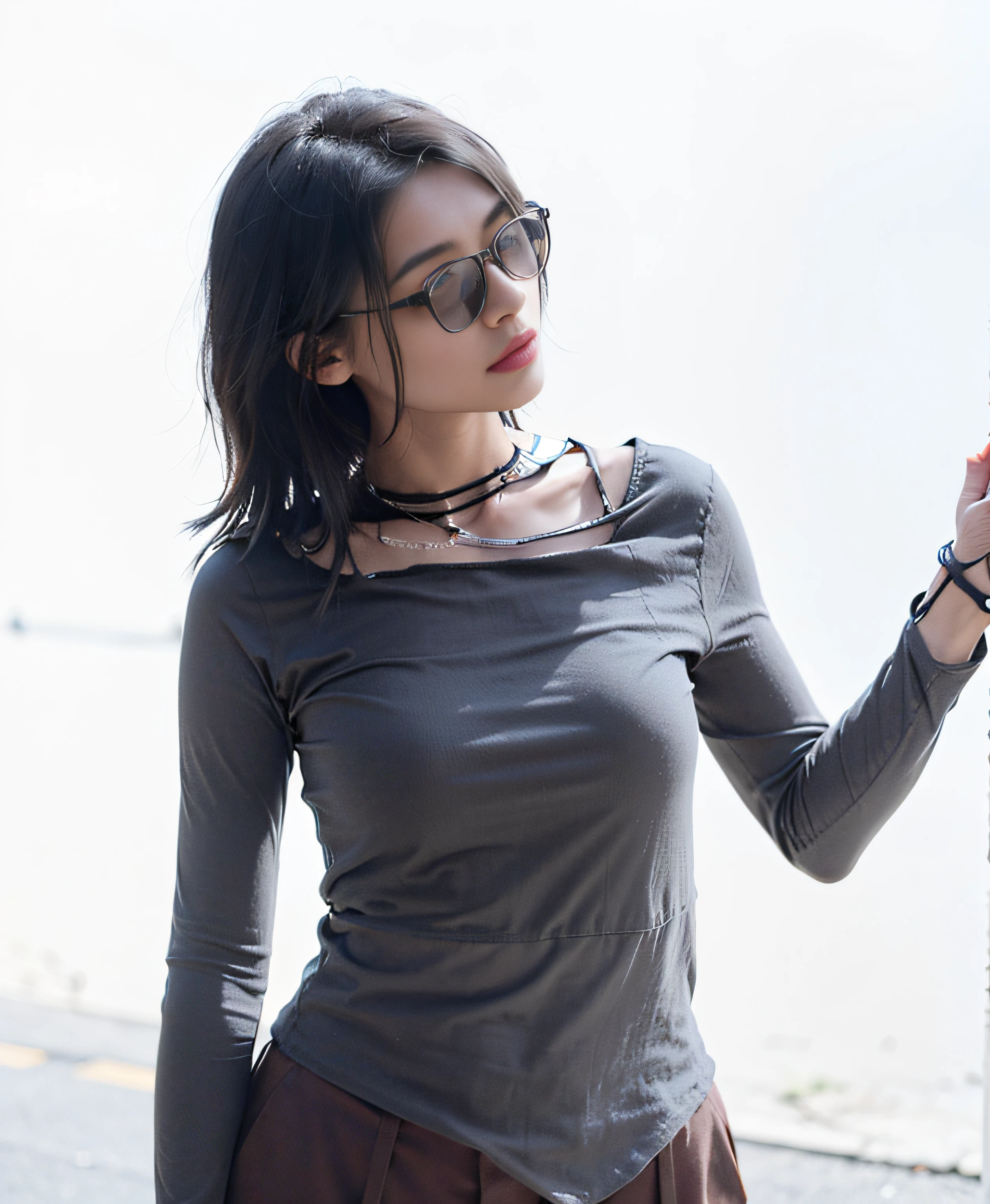 Allard woman in black shirt and pants standing on the sidewalk, with ripped crop t - shirt, wearing a cropped black tank top, wearing sexy cropped top, Black top, wearing a black cropped tank top, Thin waist, Wearing a black T-shirt, back stance, Back - View, Wearing a black T-shirt, wearing a crop top, posterior view