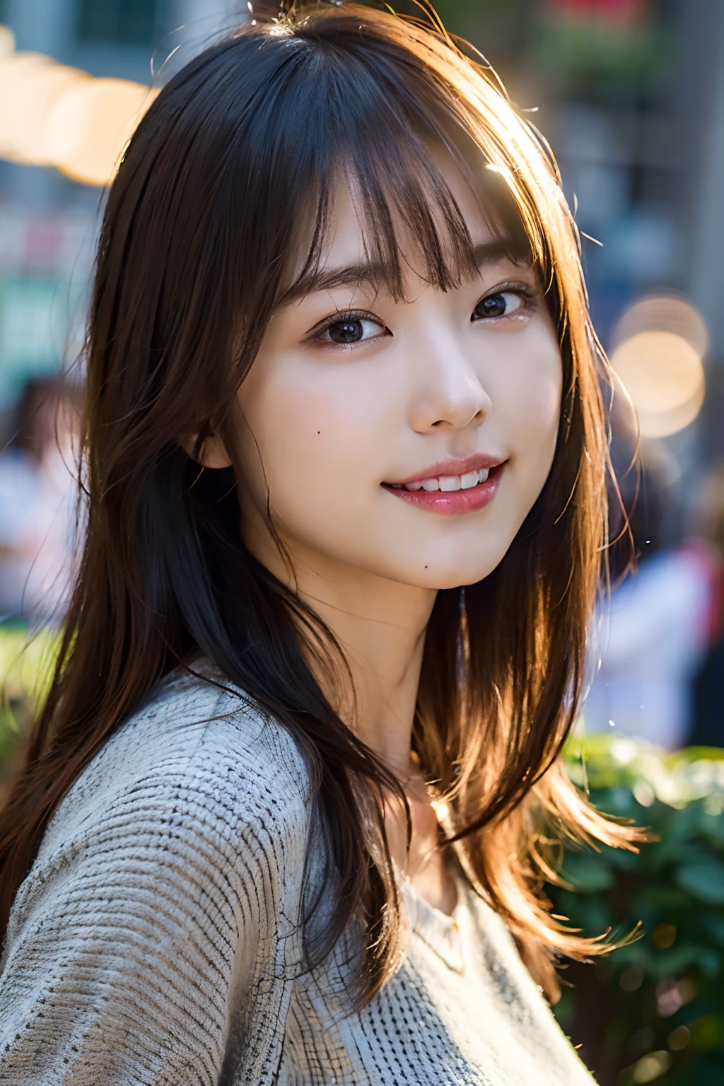 (8k, RAW photo, best quality, masterpiece:1.2), (realistic, photo-realistic:1.37), ultra-detailed, ultra high res,1 girl,looking at viewer,beautiful detailed face,smile,narrow,(slim waist:1.3),shirt, beautiful detailed skin, skin texture, floating hair,professional lighting,