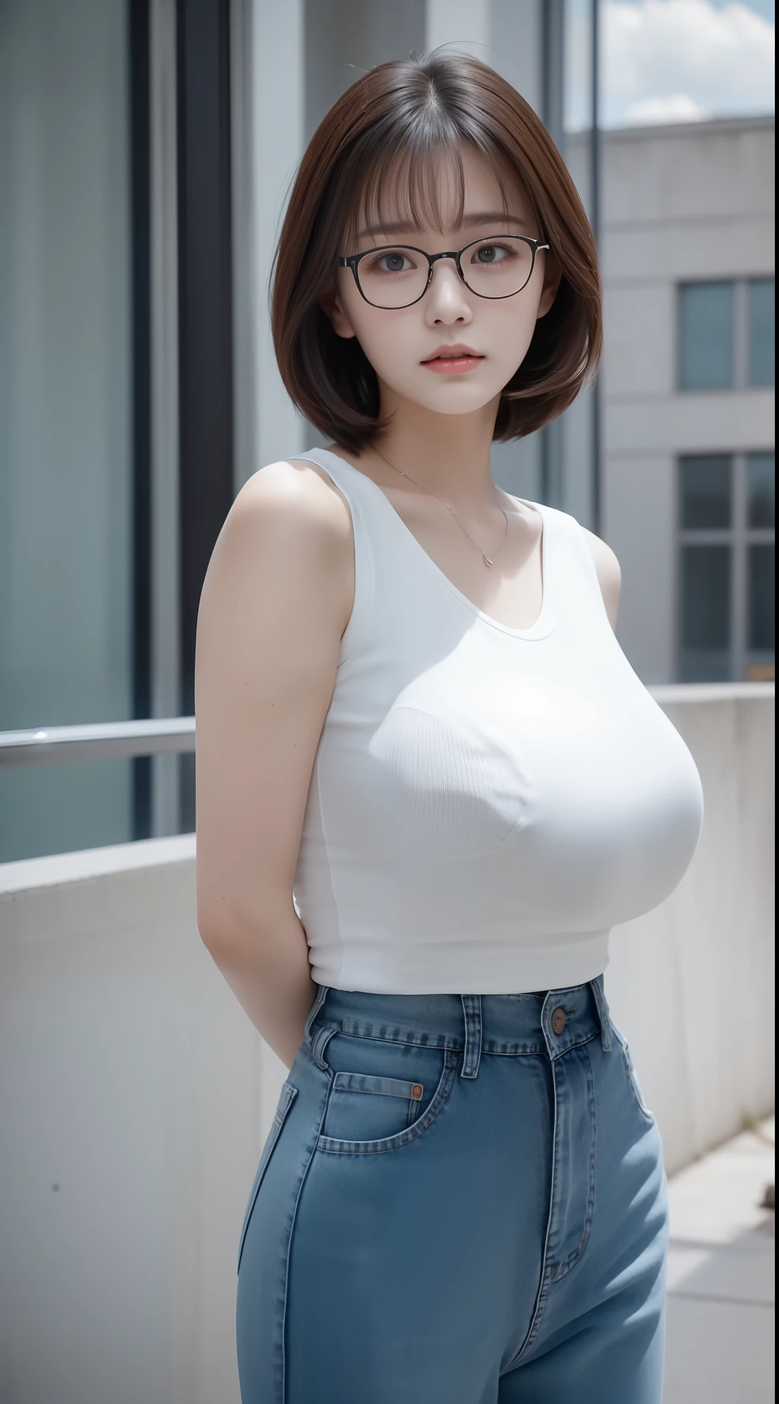 tmasterpiece、8K、RAW photography、(reallistic:1.4)、High resolution oral cavity、The eyes are in high definition、Shiny skin、largeeyes、face round,Double eyes、Puffy eyes、Medium breasted woman, (bob hair:1.4)、Abnormal appearance、One lady、20yr old, facial expression of sadness、Woman with glasses、Gilet blanc、Wearing jeans、On the roof of an abandoned building、clouds、Film grains、Movie light、The wind is blowing、The lens is 50mm、Woman with white hair