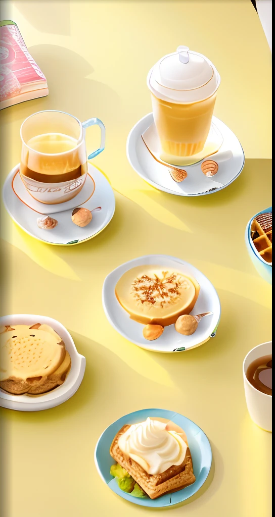 Aravis and waffles were placed on the table，And a cup of coffee, toasting, designed for cozy aesthetics!, warm and joyful atmosphere, product introduction photos, product design shot, zun, Taiwan, fan favorite, enjoyable, arte mista, Morning mood, Cheerful ambiance, living food adorable pancake, warm, milk, cartoon brew, cute design, y2k design，Hyper-realistic rendering，Vray rendering，Realiy，Hyper-realistic，Realiy，morningglow，Divine sense top light，Cinematic lighting effects，best qualtiy，IF Awards，Yellow desktop