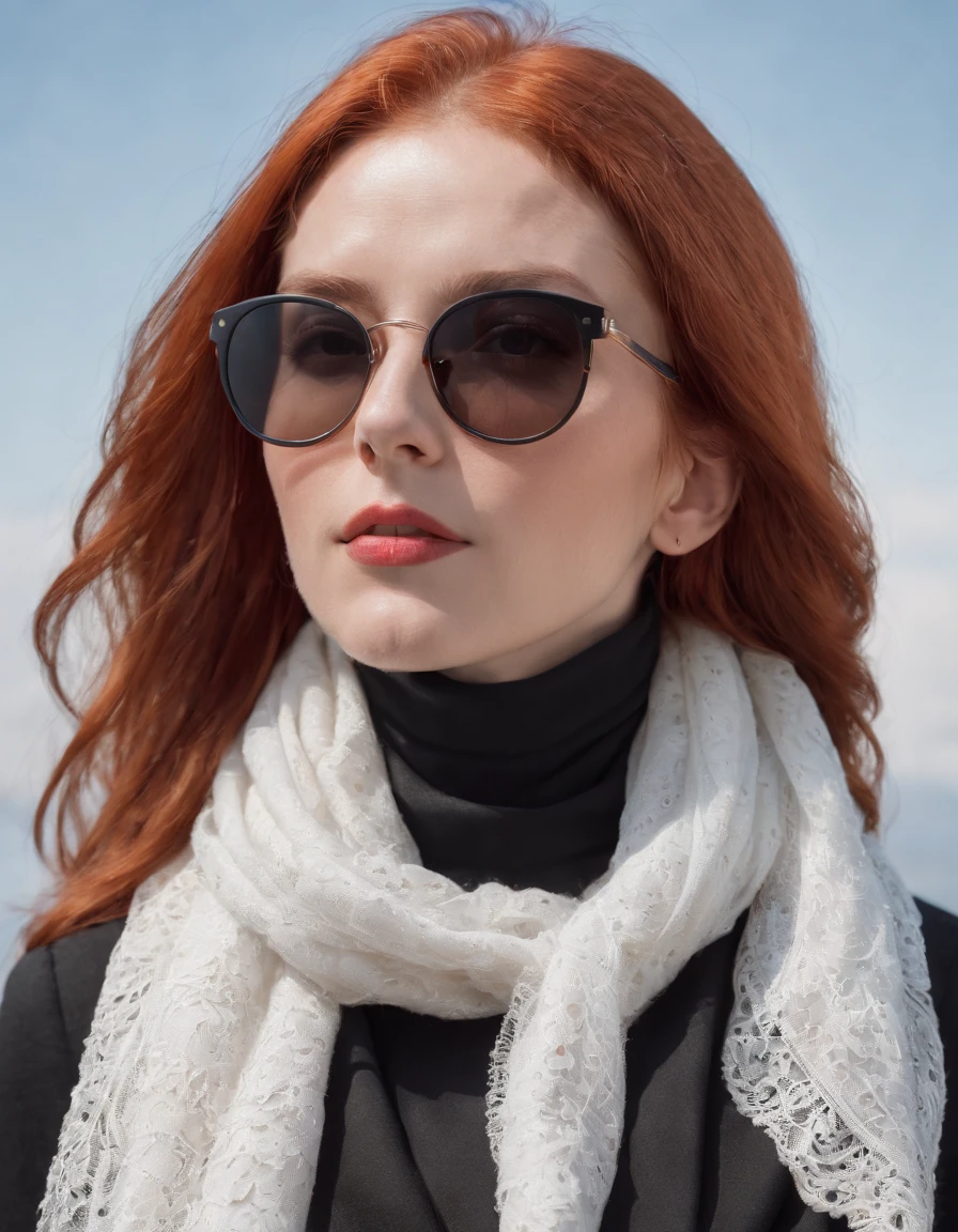 red-haired woman in black clothes and white scarf, extreme low-angle shot, clear sky in the background, red sunglasses, model pose, sunny day, high quality photo