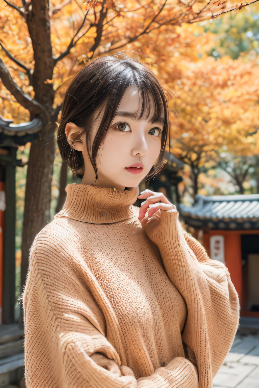 (8K、top-quality、masutepiece、超A high resolution:1.2) (Pingfang&Chen and Okayastomo's style:1.1) (Autumn Temple:1.4) Photo of one beautiful Japan woman、Sweaters、fully body photo