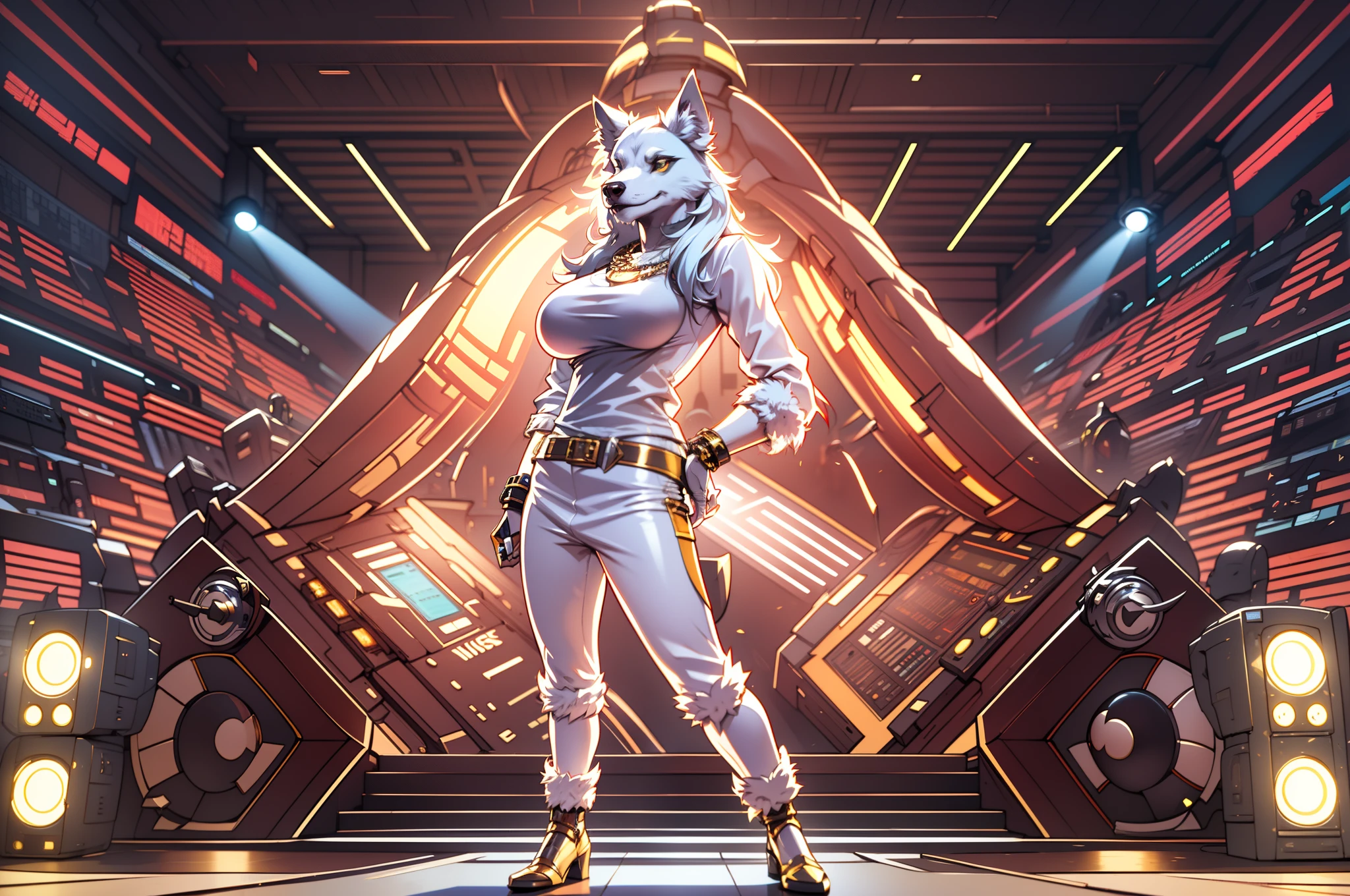 (Ultra-high detail, 16K resolution, movie footage, octane rendering), An anthropomorphic white husky, Wear a T-shirt，(extremely giant breasts:1.8),necklace gold，hands up to set the mood, hands out of the frame, wearing silver DJ headphones, shiny silver sequined T-shirt, (iconic hip-hop pop outfit :1.3), smiling as he dons the stage. Standing in front of the DJ equipment for a full body shot, the spotlight shines on the female DJ. Disco lighting realistic style photography