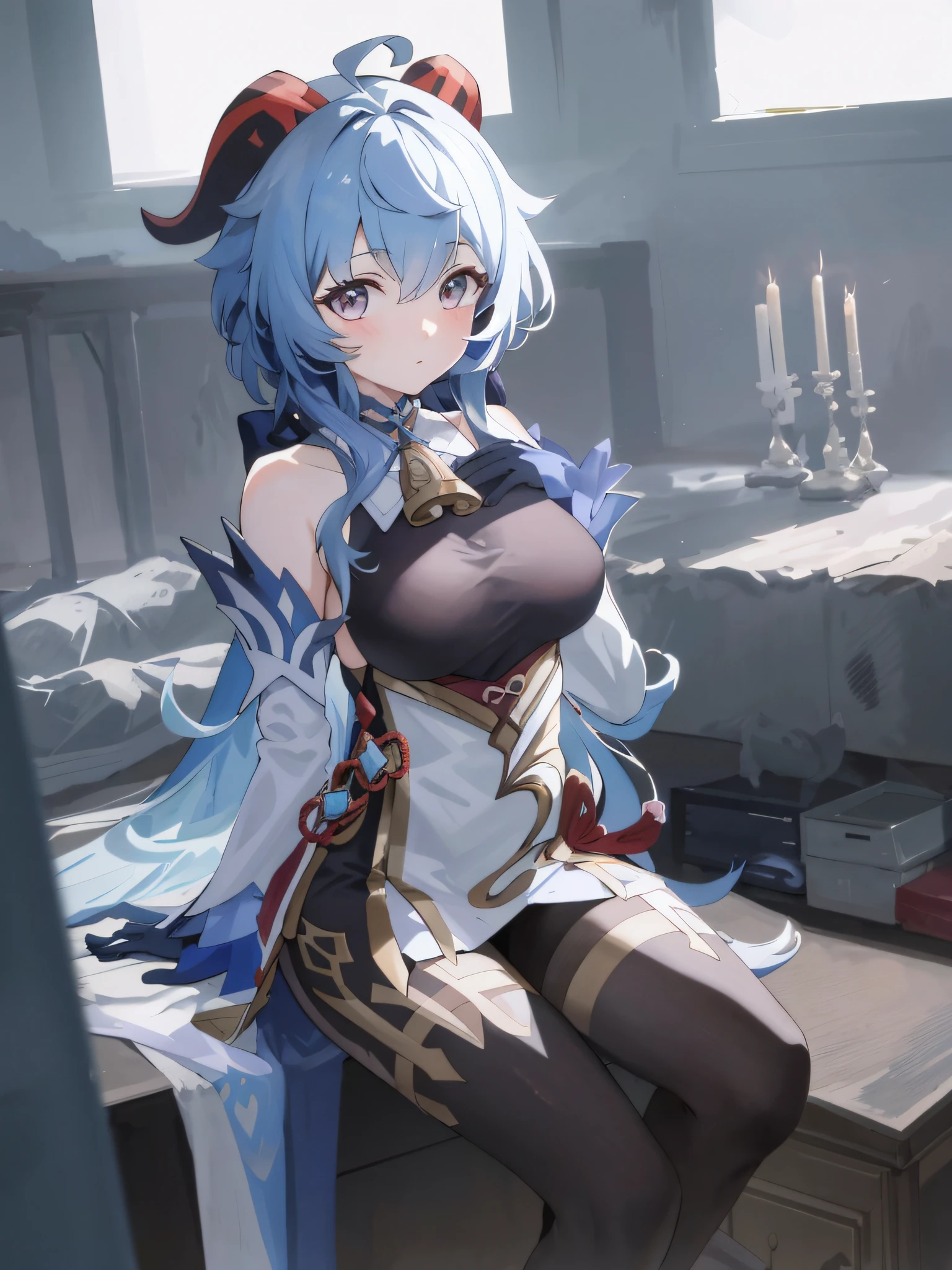 Anime girl sitting on table，There is a cat on his lap, Ayaka Genshin impact, Genshin, Keqing from Genshin Impact, Guweiz on ArtStation Pixiv, Guweiz in Pixiv ArtStation, trending on artstation pixiv, ayaka game genshin impact, Extremely detailed Artgerm, blue scales covering her chest