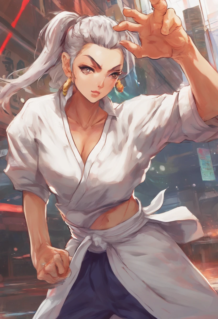 Cyberpunk, Frank Frazetta style, perfect composition, one woman, solo, white tiger theme, arms up, knees up, pose, low angle close up shot, high background bloom, glow, soft pink edge light, long pointy white hair, white tiger ears, white tiger tail, white tiger fur stockings, small glow, white tiger stripes, perfect hands, high contrast, blown out brightness, harsh top down lighting, white tiger pattern wrap skirt