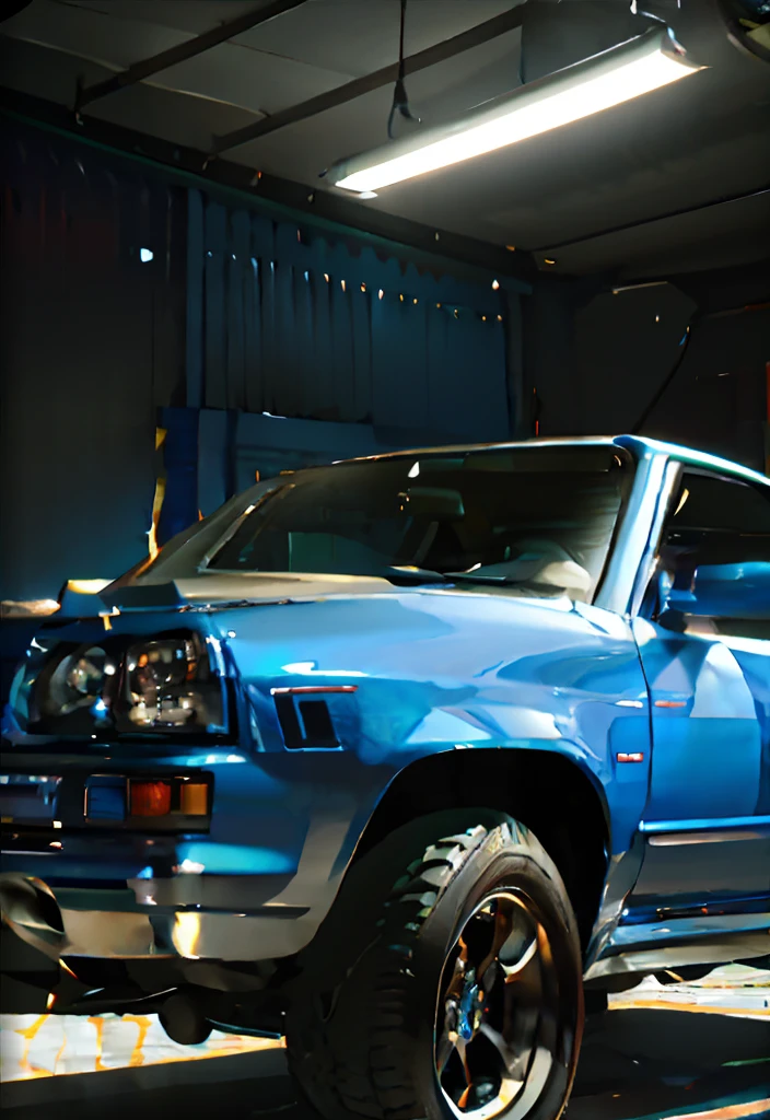 A blue car is parked in a garage with lights on, automotive photography, Frank Fanzeta, vehicle photography, daniel richter, auto photography, garage, cinematic still, hyper realist, Car portrait, Frank Frazeta, front lit, by Jako Mattila, cinematic full shot, Jay Humbidge, car commercial photograph, classic car