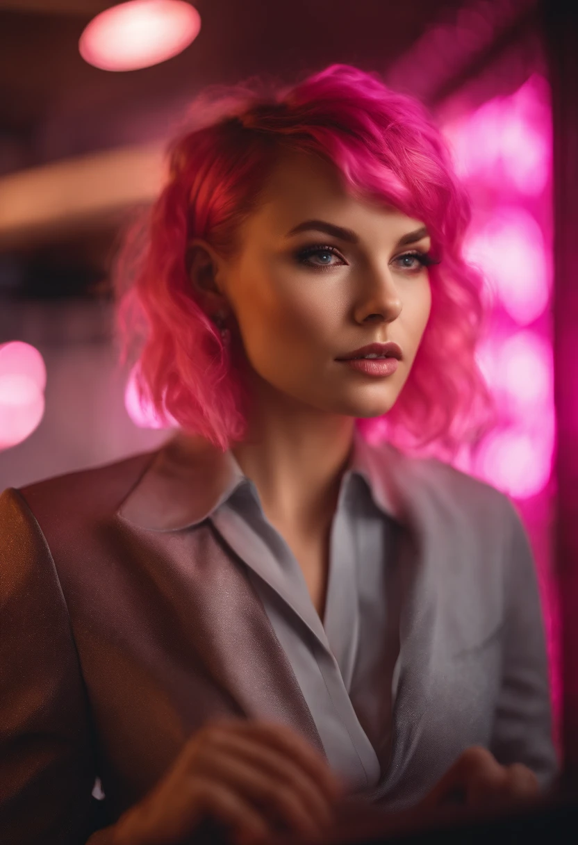 (8k, raw photo), film grain, ultra high res, ultra-detailed, (ultra skin details),photo of a cute woman , neon ambiance , freelancer , gamer , cute girl ,facing computer , looking at computer , thinking, with short pink hair, jovana rikalo, young business woman, with pink hair, high quality portrait , aleksandra waliszewska, outdoors, (luxury dress :1.2), (((city))),(extremely detailed face), (bangs),bare body