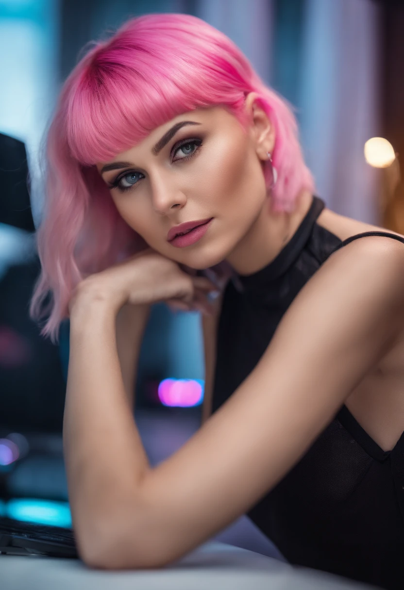 Cyber punk, swedish, purple, blond, mohawk, uneven bob hair, tight short turtle neck shirt, high heels, big boobs, firm, heavy makeup, flirting, lace, nsfw, intricent details, red, happy