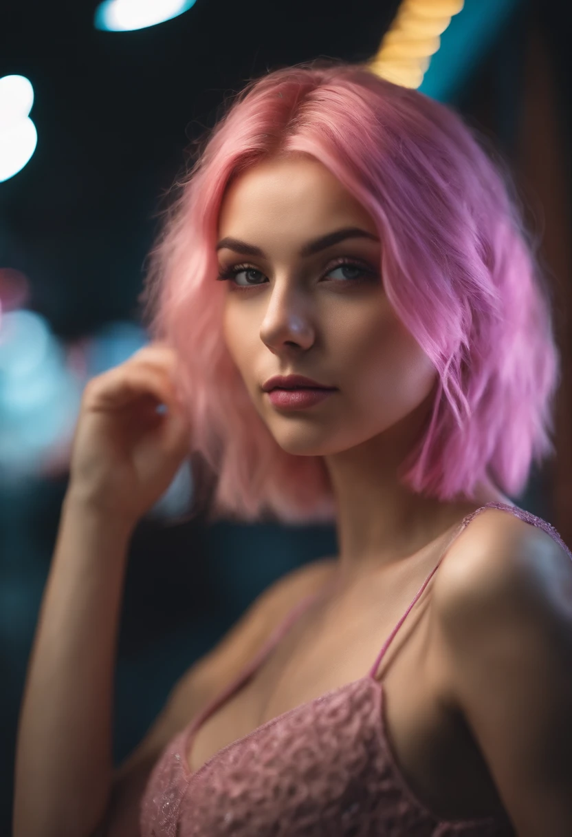 (8k, raw photo), film grain, ultra high res, ultra-detailed, (ultra skin details),photo of a cute woman , neon ambiance , freelancer , gamer , cute girl ,facing computer , looking at computer , thinking, with short pink hair, jovana rikalo, young business woman, with pink hair, high quality portrait , aleksandra waliszewska, outdoors, (luxury dress :1.2), (((city))),(extremely detailed face), (bangs),bare body