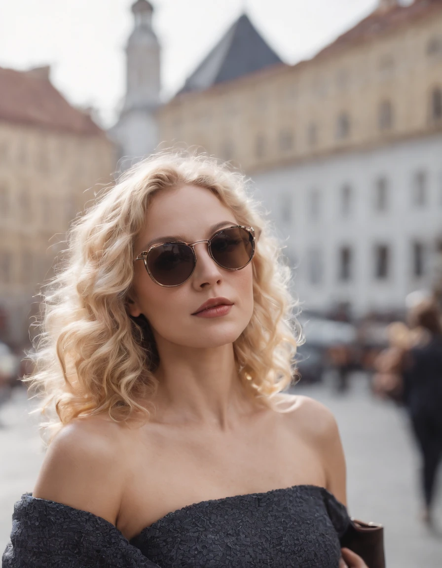 blonde woman with curly hair poses on the street, wearing sunglasses and a handbag, photo taken with provia, in the style of ultrafine detail, high quality photo, 105 mm f/2.4