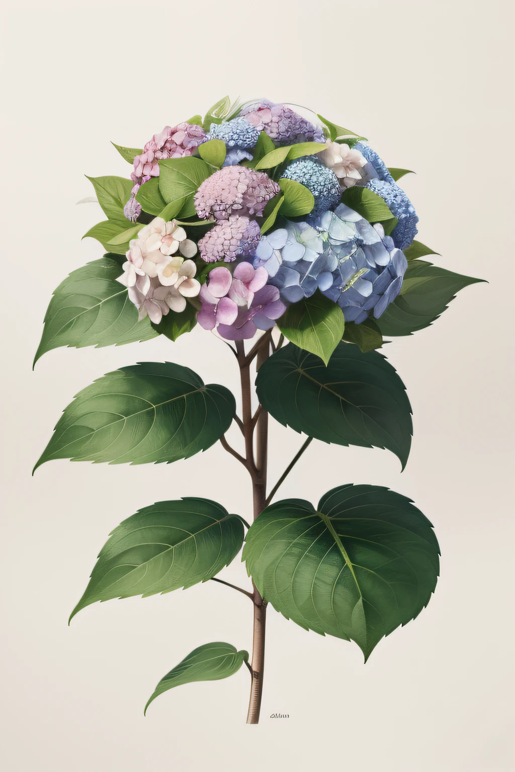 no human there is a lot of hydrangea flower with bunch design with green leaf watercolor illustration design with high res and detailed on white backgrounded.