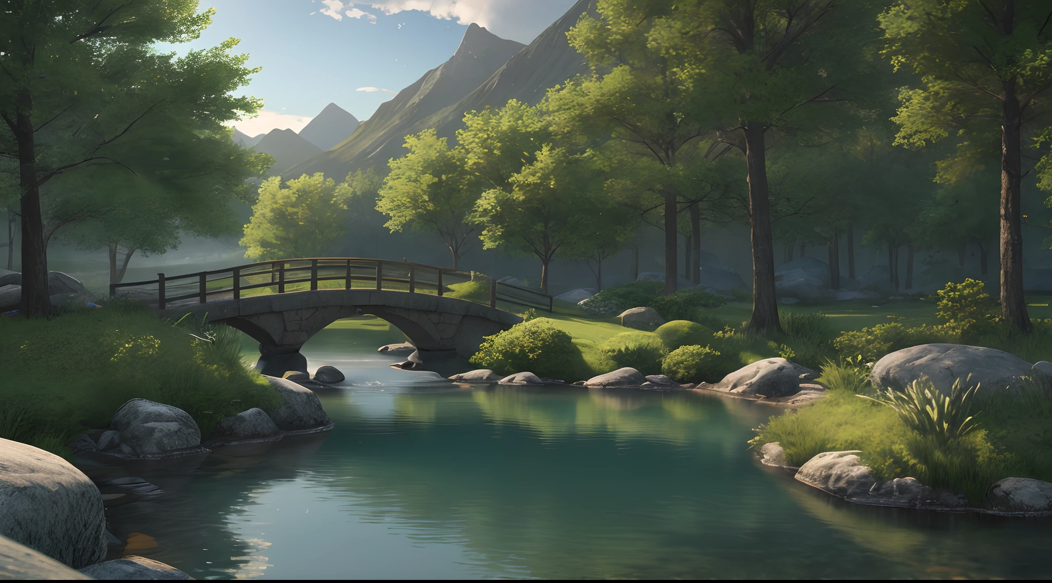 A peaceful place, very pleasant, aesthetic, calm, scenic. photorealistic, 8k uhd, studio quality, ultra realistic, max detail, massive scale, post-processing, realistic, photorealism, photoshop, photography, detailed, cinematic lighting, landscape, panoramic, landscape, raytracing, cinema4d
