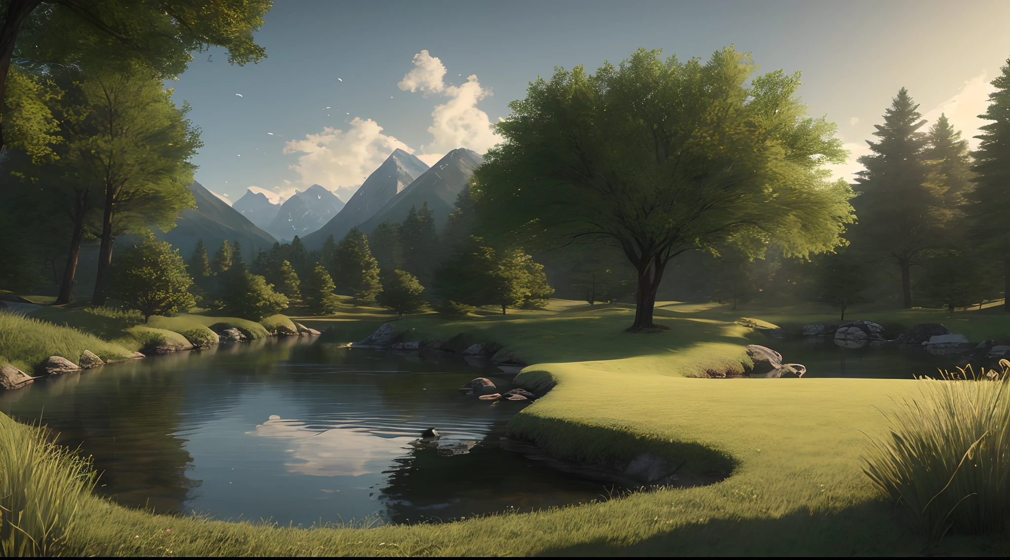 A peaceful place, very pleasant, aesthetic, calm, scenic. photorealistic, 8k uhd, studio quality, ultra realistic, max detail, massive scale, post-processing, realistic, photorealism, photoshop, photography, detailed, cinematic lighting, landscape, panoramic, landscape, raytracing, cinema4d