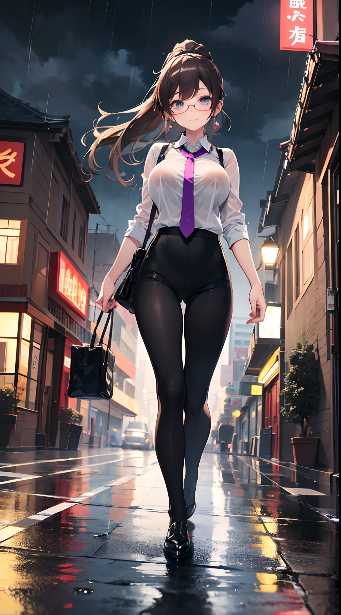 ((masterpiece)), ((best quality)), (ultra-detailed), ((kawaii)), cute, (lovely), ((sexy)), (ero), ((extremely detailed)), 4K, (8K), best quality, (beautiful), anime style, walking, full body focus, city, town, night, a cute girl, 1girl, solo, suit, beautiful light brown hair, beautiful purple eyes, ((beautiful eyes)), white-skinned, ponytail, transparent hair, translucent hair, large breast, glasses, necktie, tie, earrings, necklace, light smile, neon light, wind effect, rainy, rain, reflection effect
