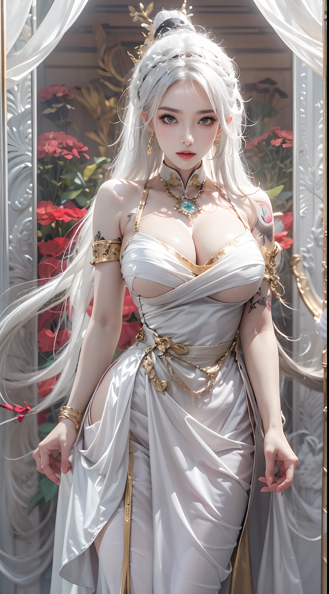 Photorealistic, high resolution, 1 woman, Hips up, Beautiful eyes, Long hair, ringed eyes, jewelry, tattoo, goldendragon hairstyle, outfit-goldendragon, white hair, china dress,cleavage