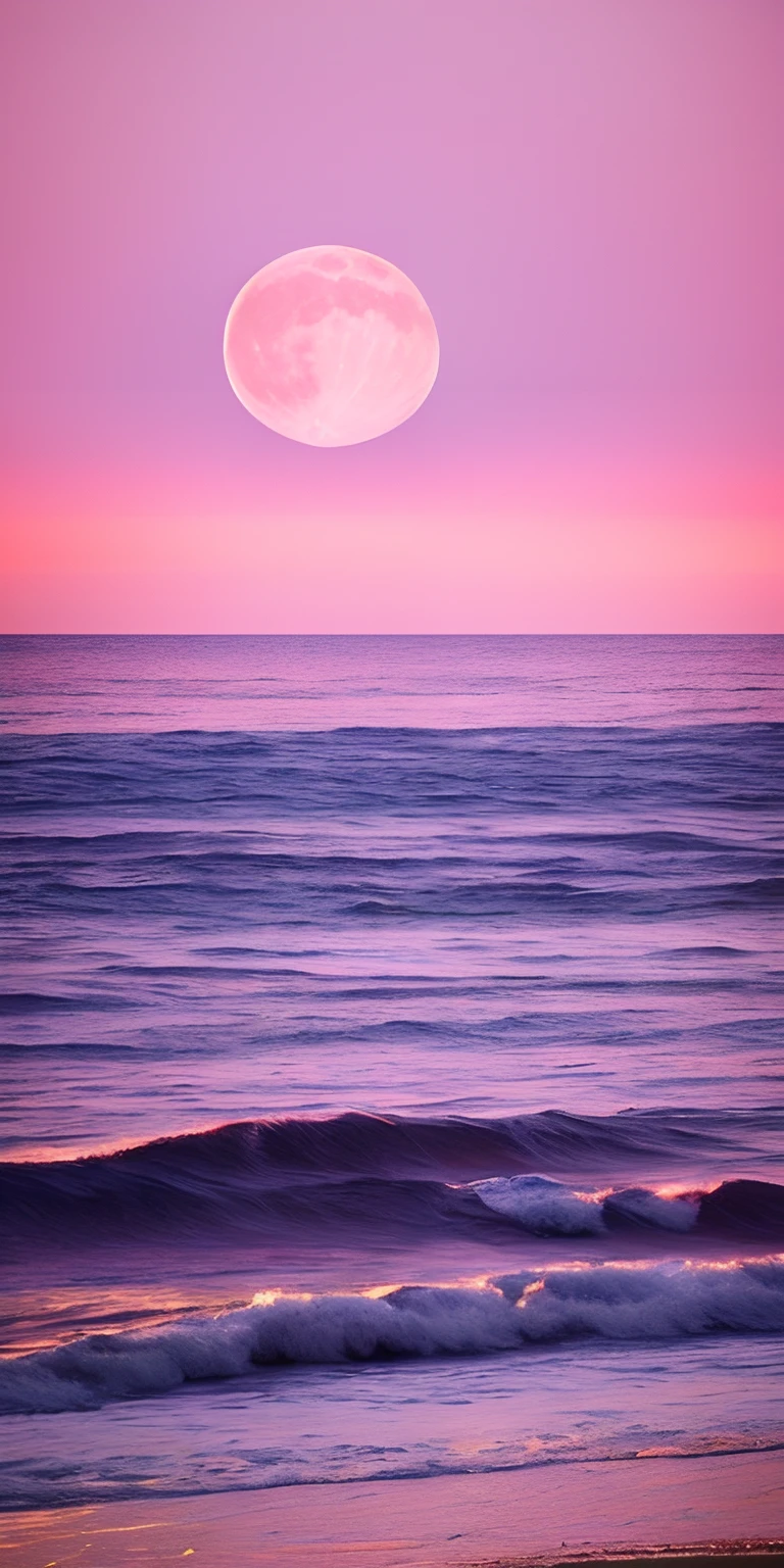 pink moon, pink sky, soft pink clouds, pink sea waves sparkling, shimmering, pink roses in pink sea, fantasy, diamonds, crown, space, soft light,
