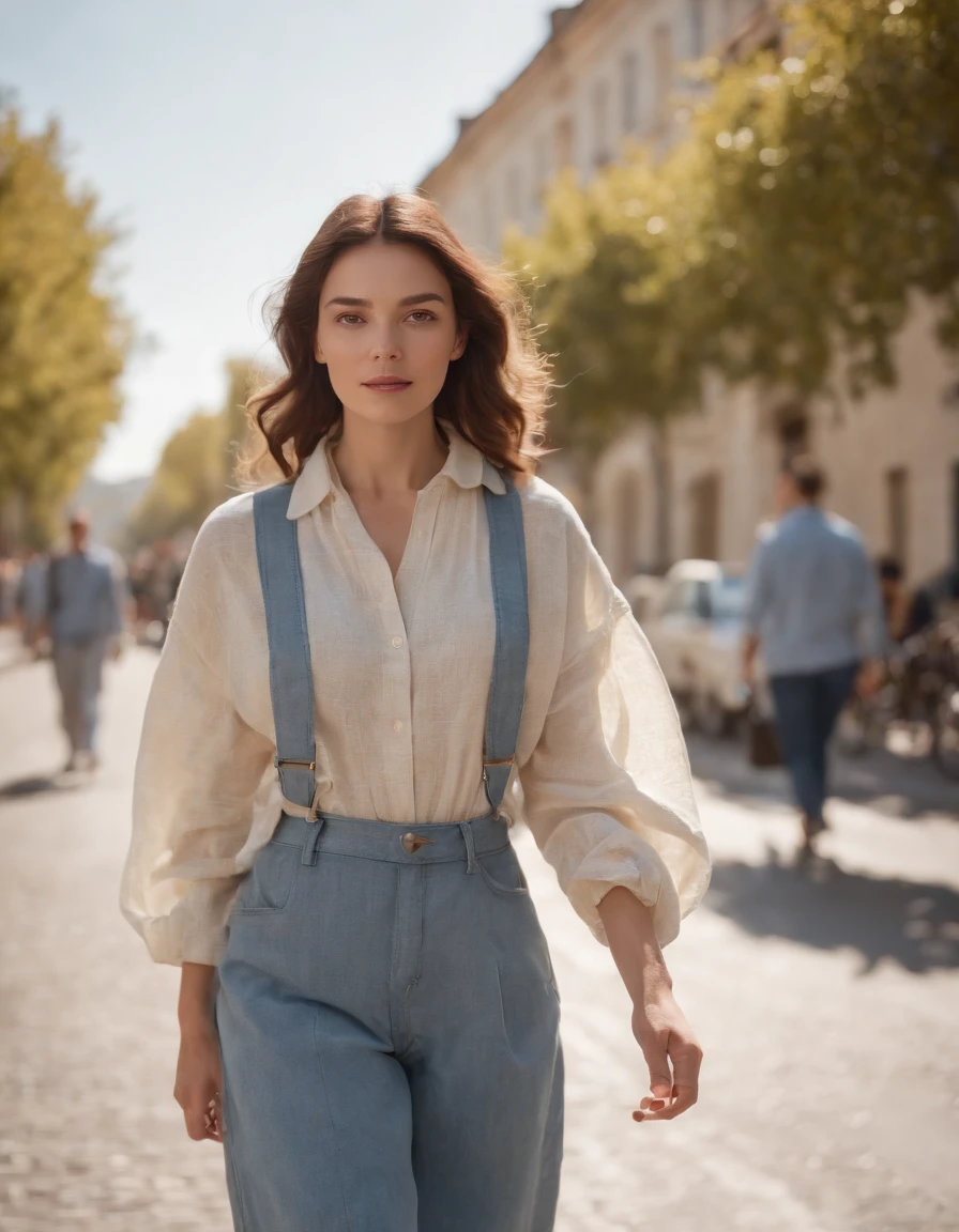 woman dressed casual, casual mood, with oversized retro clothes, walks in the street, low angle shot, half length shot, sunny day, high quality photo