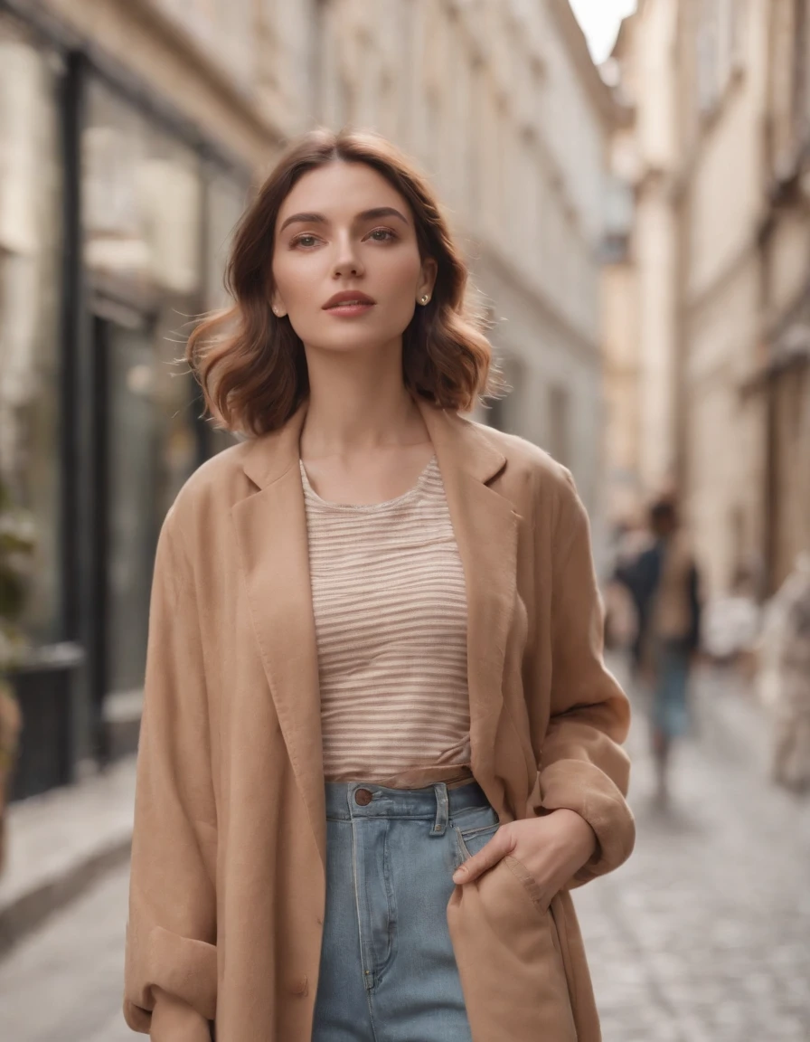 woman dressed casual, casual mood, with oversized retro clothes, walks in the street, low angle shot, half length shot, sunny day, high quality photo