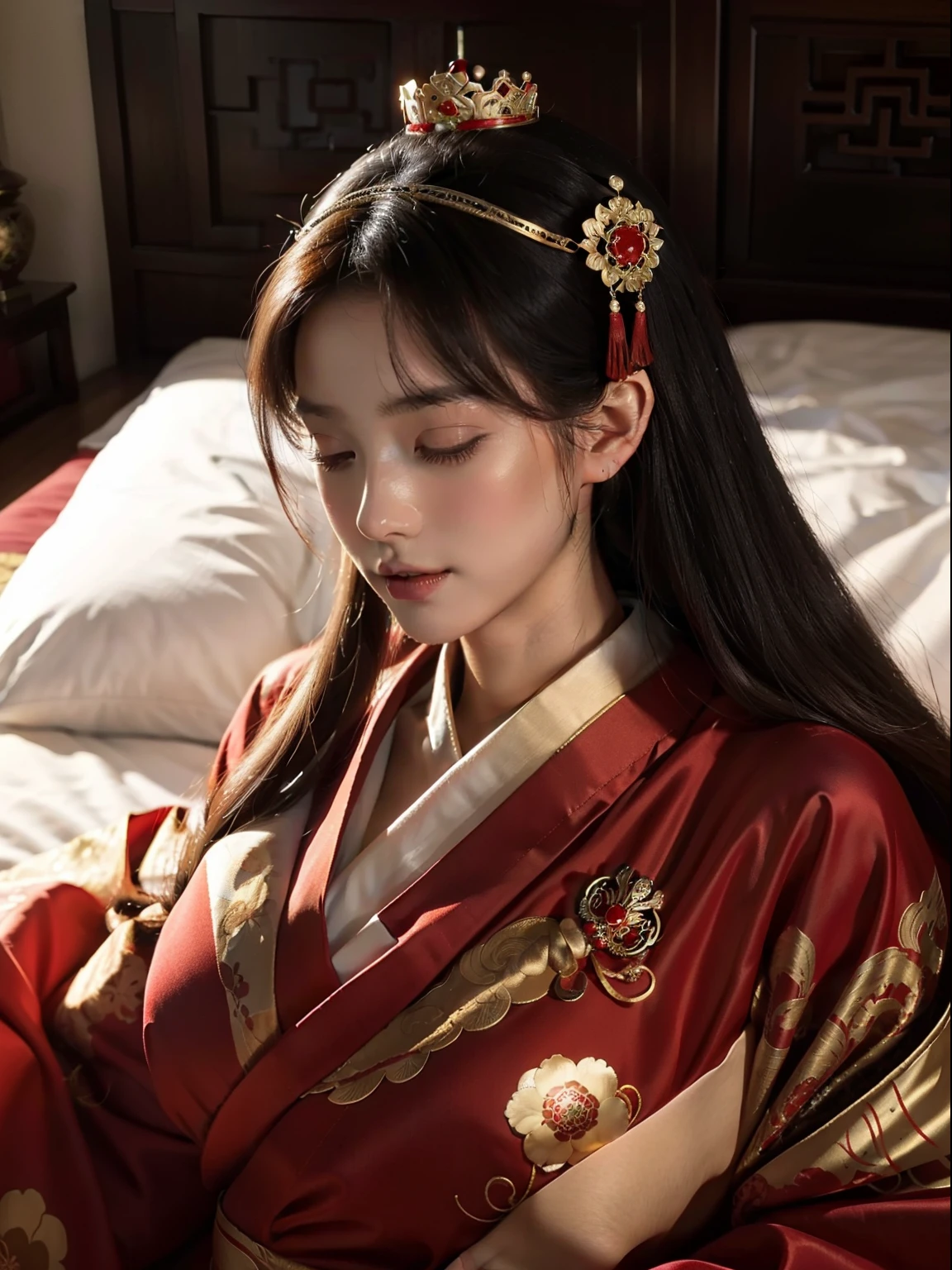 Sleeping Girl,Top image quality,movie camera,Young and beautiful princess in the Chinese royal palace,Wearing a gorgeous red Chinese kimono,Ancient Chinese gorgeous hair ornament on head,Red Ancient Chinese Elegant Shoes,Live in China's ancient royal palaces,Relax in the bedroom,Full body portrait,Stylish art,,Detailed face,Happy.,a closeup,beutiful breast,