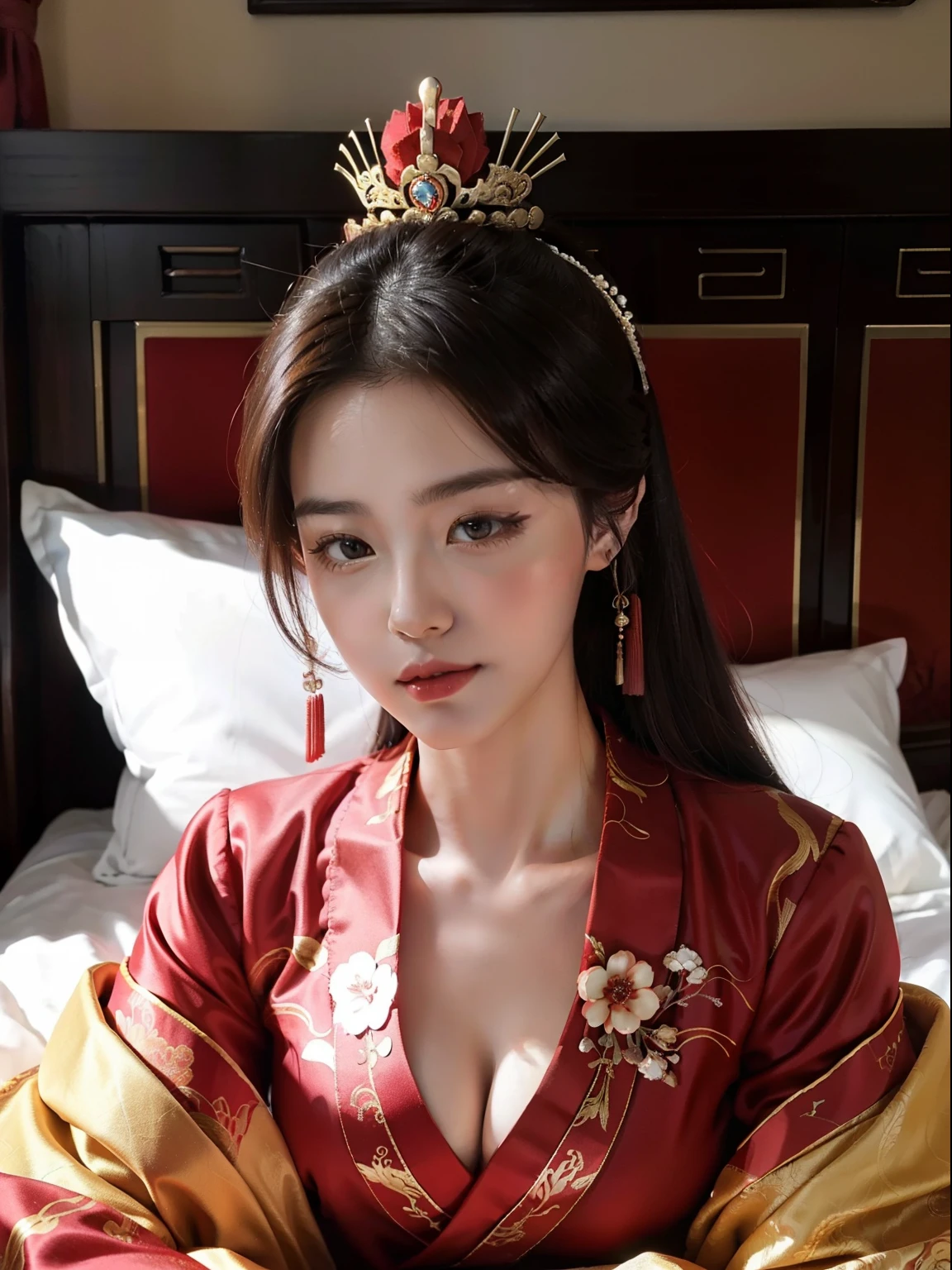 Sleeping Girl,Top image quality,movie camera,Young and beautiful princess in the Chinese royal palace,Wearing a gorgeous red Chinese kimono,Ancient Chinese gorgeous hair ornament on head,Red Ancient Chinese Elegant Shoes,Live in China's ancient royal palaces,Relax in the bedroom,Full body portrait,Stylish art,,Detailed face,Happy.,a closeup,beutiful breast,