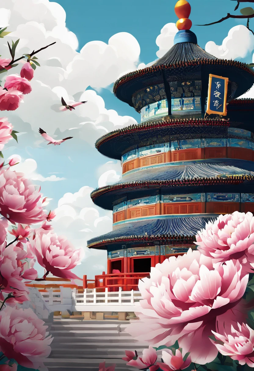 The Temple of Heaven in Beijing, Novel illustration, Building complex, High contrast,Tilt-Shift, (peony flower:1.3), (White clouds:1.5),(Small house on the white cloud), Soft lighting，Oriental elements, Dreamy, Pastel colors, Bright colors, Traditional Chinese color scheme, ( reasonable design, Clear lines, High sharpness,Best quality, Very detailed, Masterpiece, offcial art, movie light effect, 4K )，(Masterpiece, Best quality:1.3),A crane,standing, Lake,Sun,Cloud,Flowers,