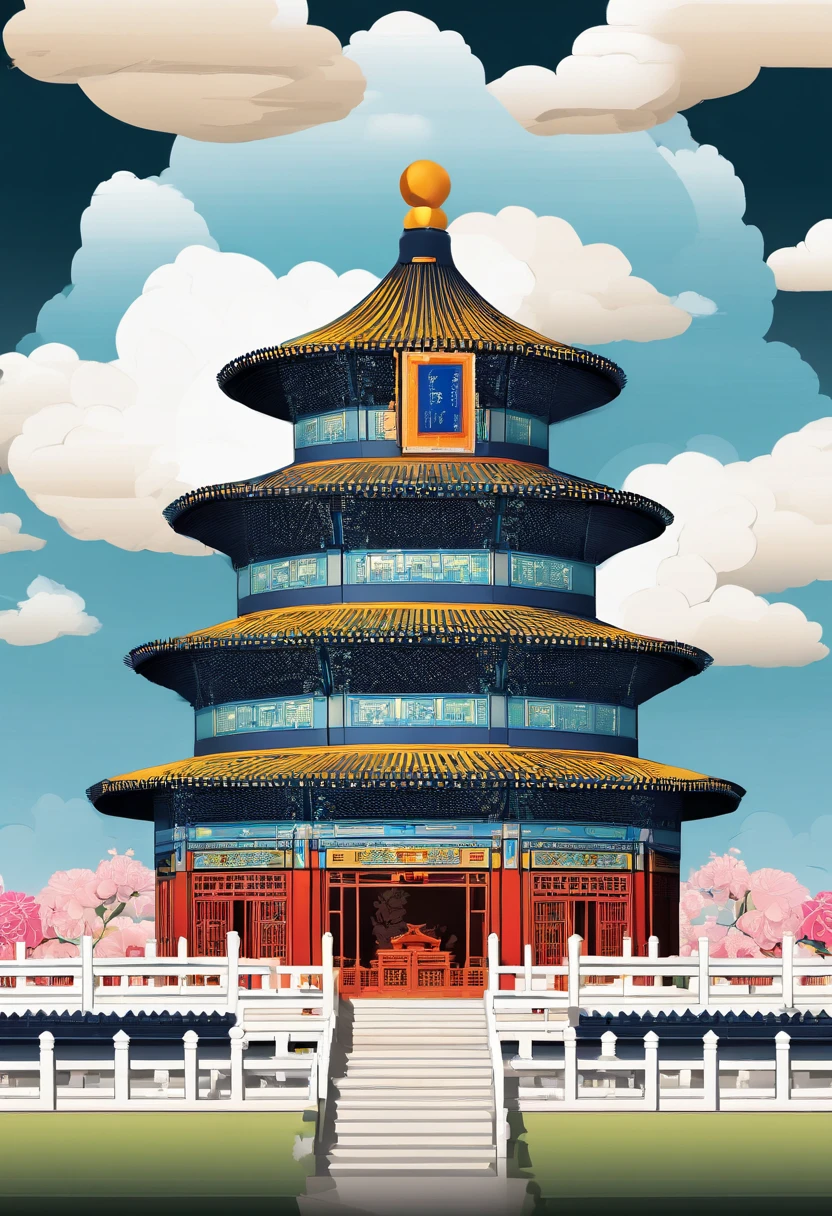 The Temple of Heaven in Beijing, Novel illustration, Building complex, High contrast,Tilt-Shift, (peony flower:1.3), (White clouds:1.5),(Small house on the white cloud), Soft lighting,Oriental elements, Dreamy, Pastel colors, Bright colors, Traditional Chinese color scheme, ( reasonable design, Clear lines, High sharpness,Best quality, Very detailed, Masterpiece, offcial art, movie light effect, 4K ),(Masterpiece, Best quality:1.3),A crane,standing, Lake,Sun,Cloud,Flowers,