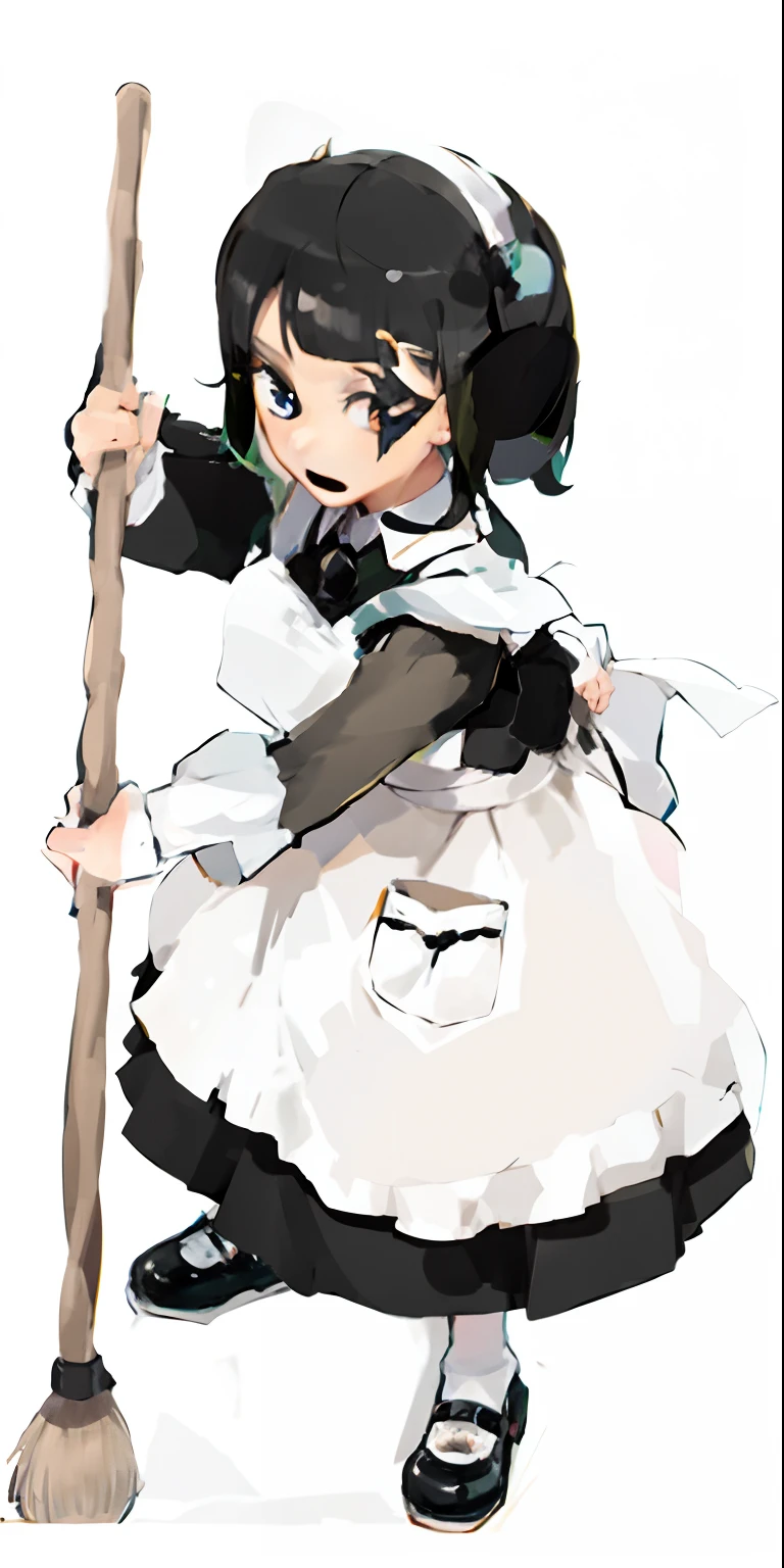 Caricature of a woman holding a broom in a maid outfit, anime girl in a maid costume,adolable,Raised sexy,Big build,Four-headed body,