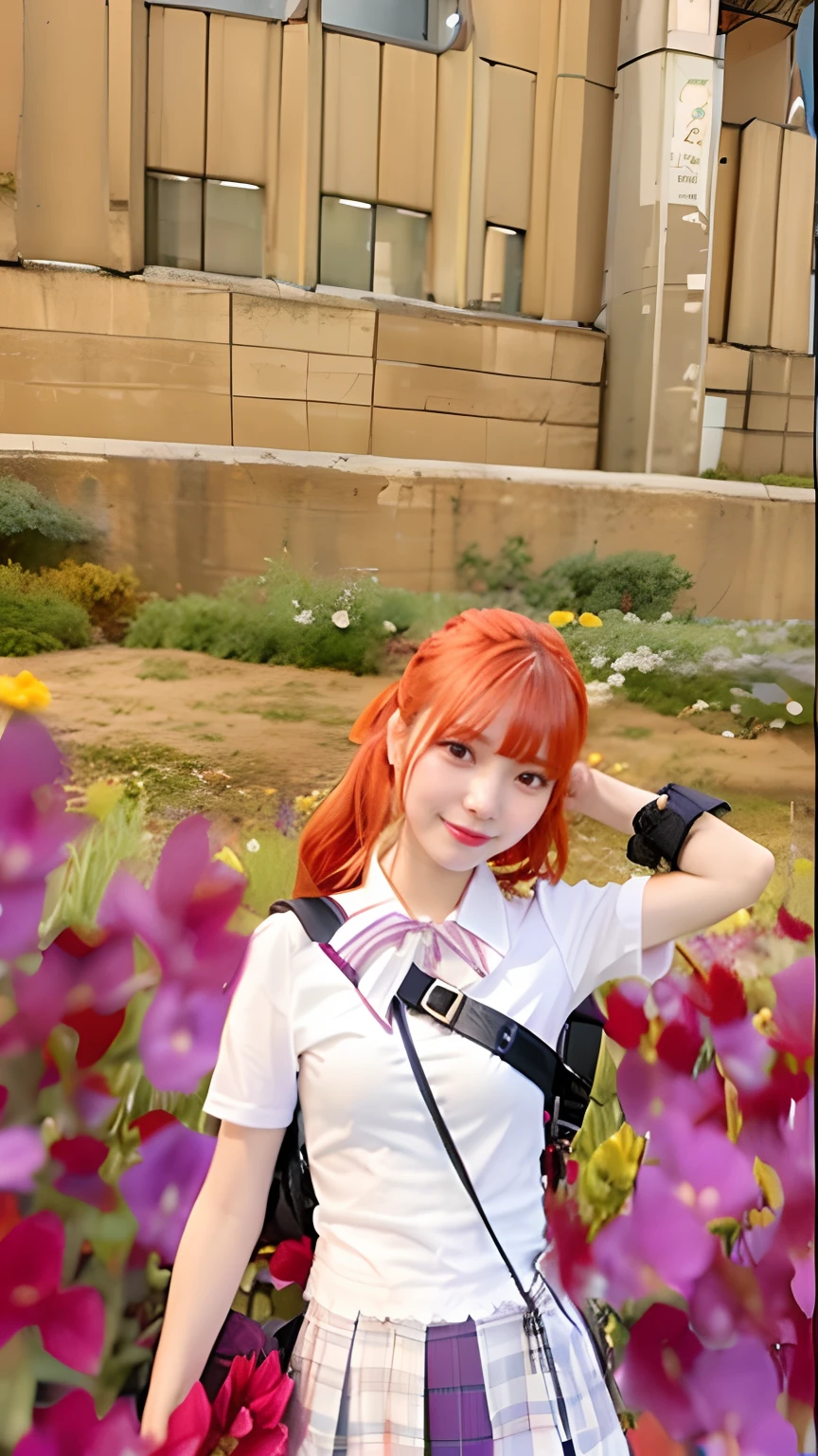 there is a woman with a gun in a field of flowers, in-game, in - game, in game, <mmorpgs scene, sakimichan, holding a pudica pose, red hair, uniform, purple skirt, white shirt, realistic detail, 70mm lens, black glove, backpack,