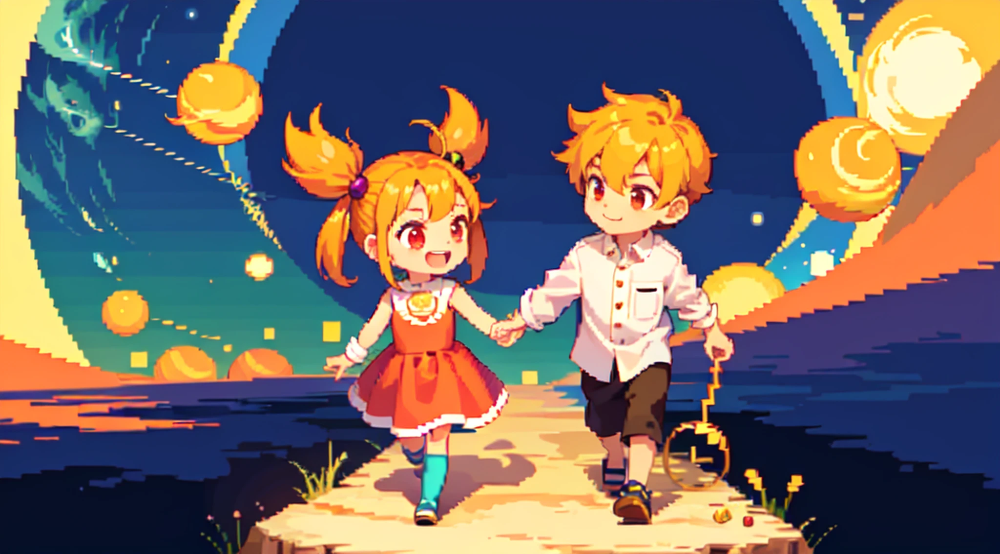 Chibi Chara, Anime, Cute girl in twin tail Argyle Check One Piece, Orange hair, (red eyes), (two heads high such character), ((Infinite Universe, Cosmotic Adventure)), (pixel art), (Retro Games), (Character Chip), Walking Graphic,