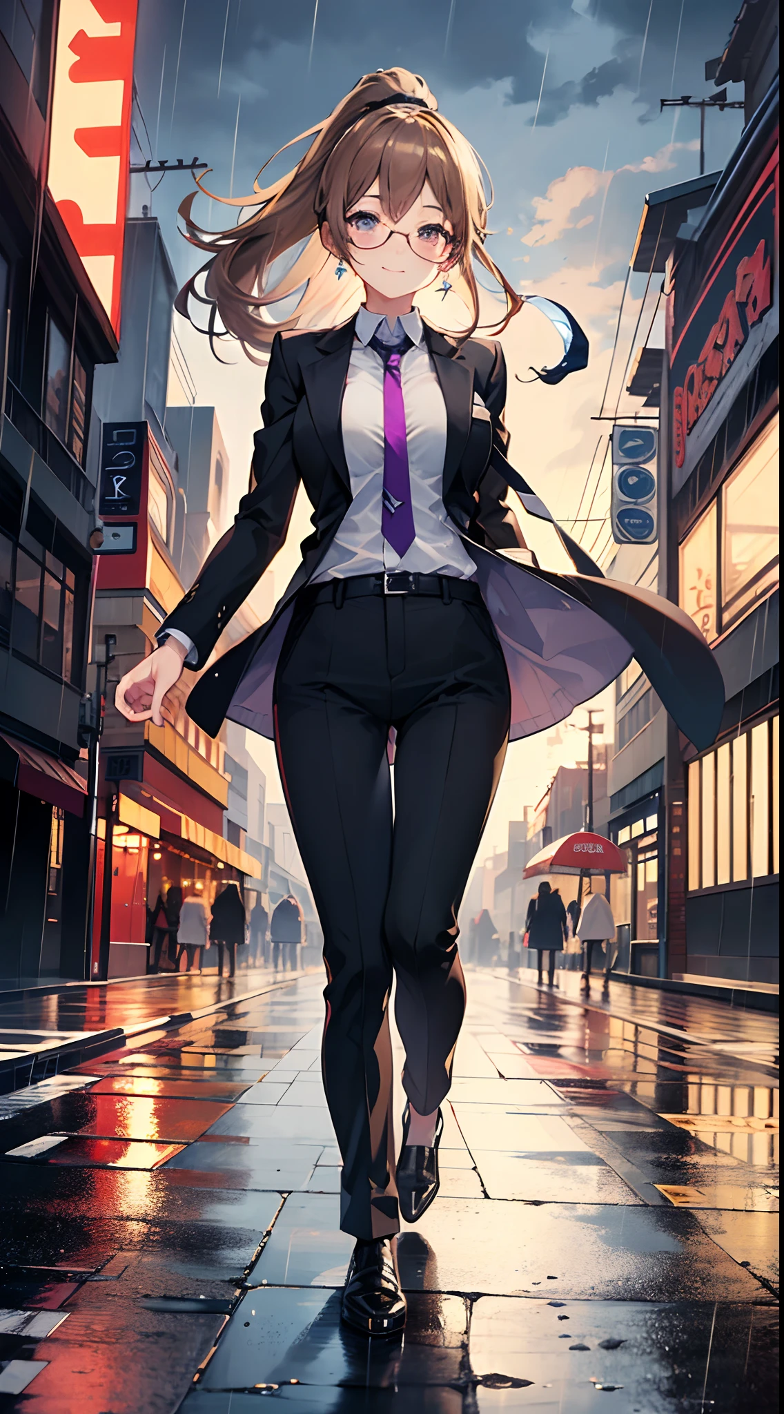 ((masterpiece)), ((best quality)), (ultra-detailed), ((kawaii)), cute, (lovely), ((extremely detailed)), 4K, (8K), best quality, (beautiful), anime style, walking, full body focus, city, town, night, a cute girl, 1girl, solo, suit, beautiful light brown hair, beautiful purple eyes, ((beautiful eyes)), white-skinned, ponytail, transparent hair, translucent hair, large breast, glasses, necktie, tie, earrings, necklace, light smile, neon light, wind effect, rainy, rain, reflection effect