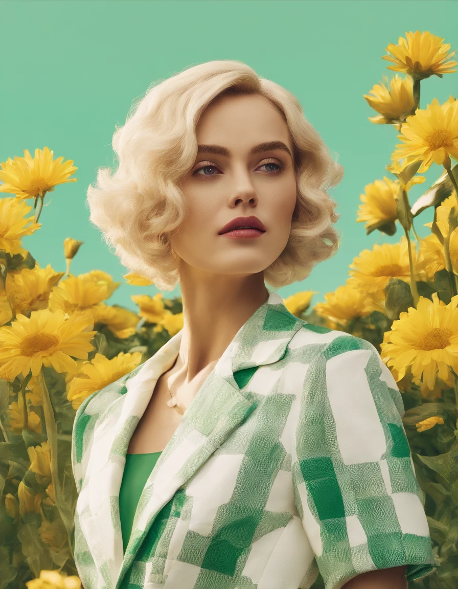 short hair blonde woman wearing white and green retro checkered clothes, yellow flowers on clear sky background, low angle shot, medium shot, high quality photo.