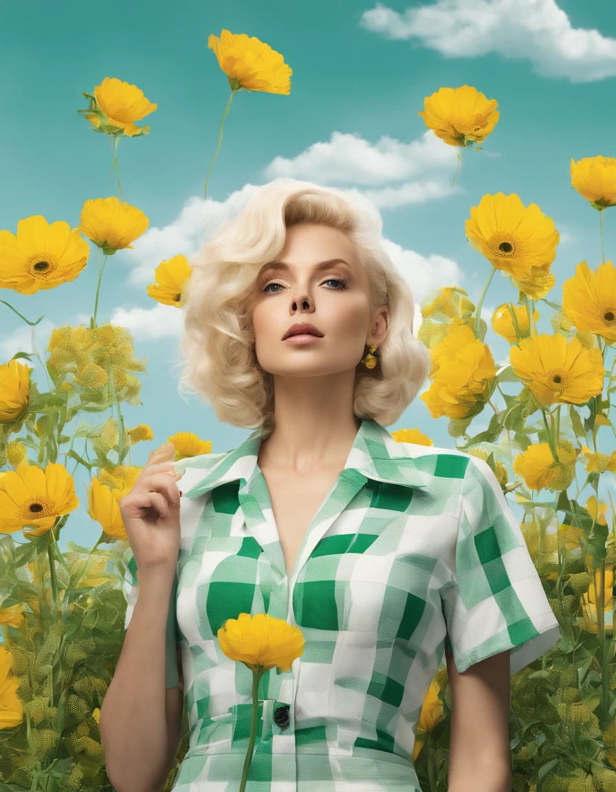 short hair blonde woman wearing white and green retro checkered clothes, yellow flowers on clear sky background, low angle shot, medium shot, high quality photo.