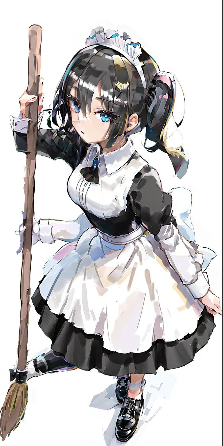 Caricature of a woman holding a broom in a maid outfit, anime girl in a maid costume, The figure is good，adolable，Four-headed body，