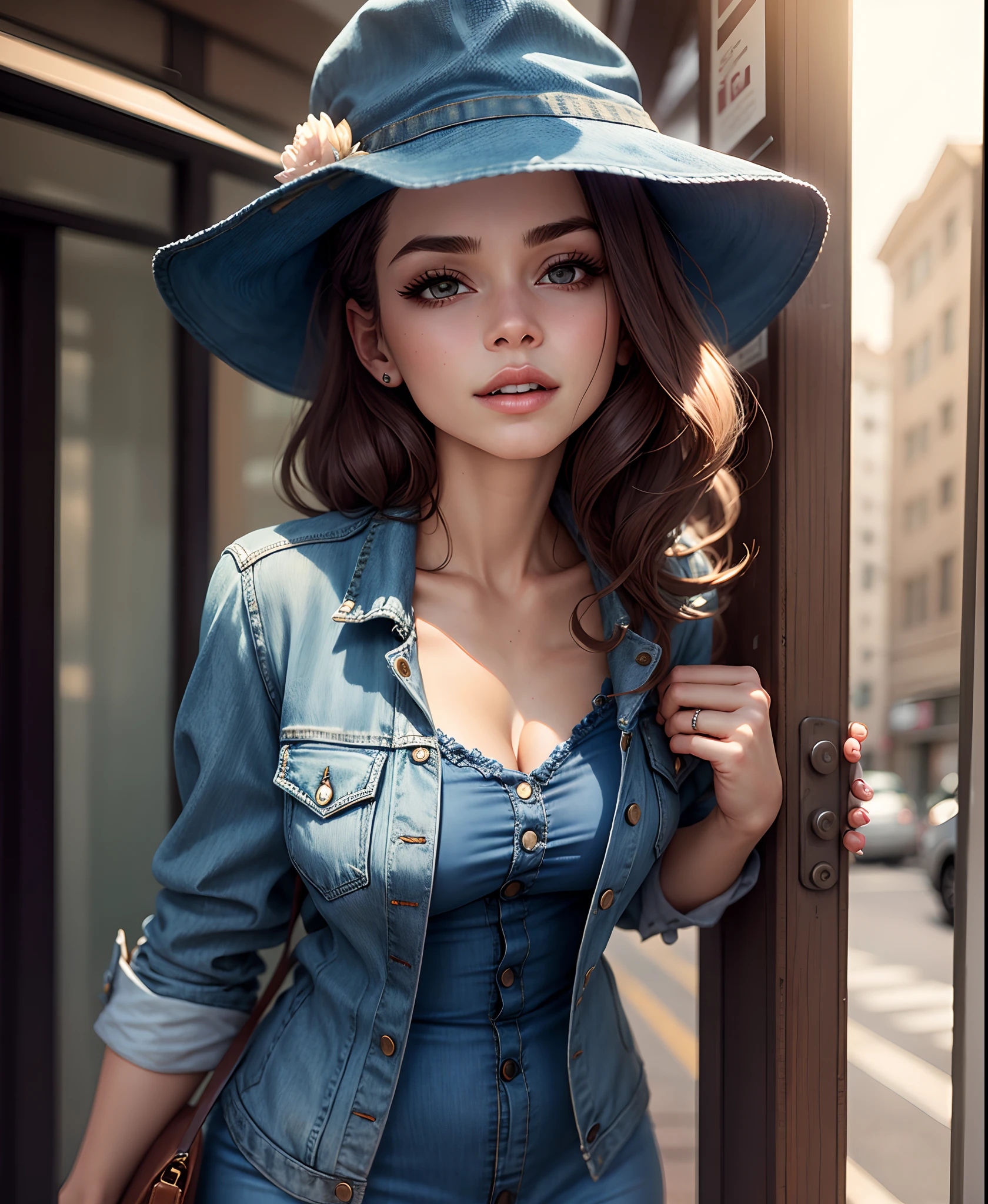 Woman wearing a stylish dress and a trendy jean jacket with a touch of sexiness and comfort.