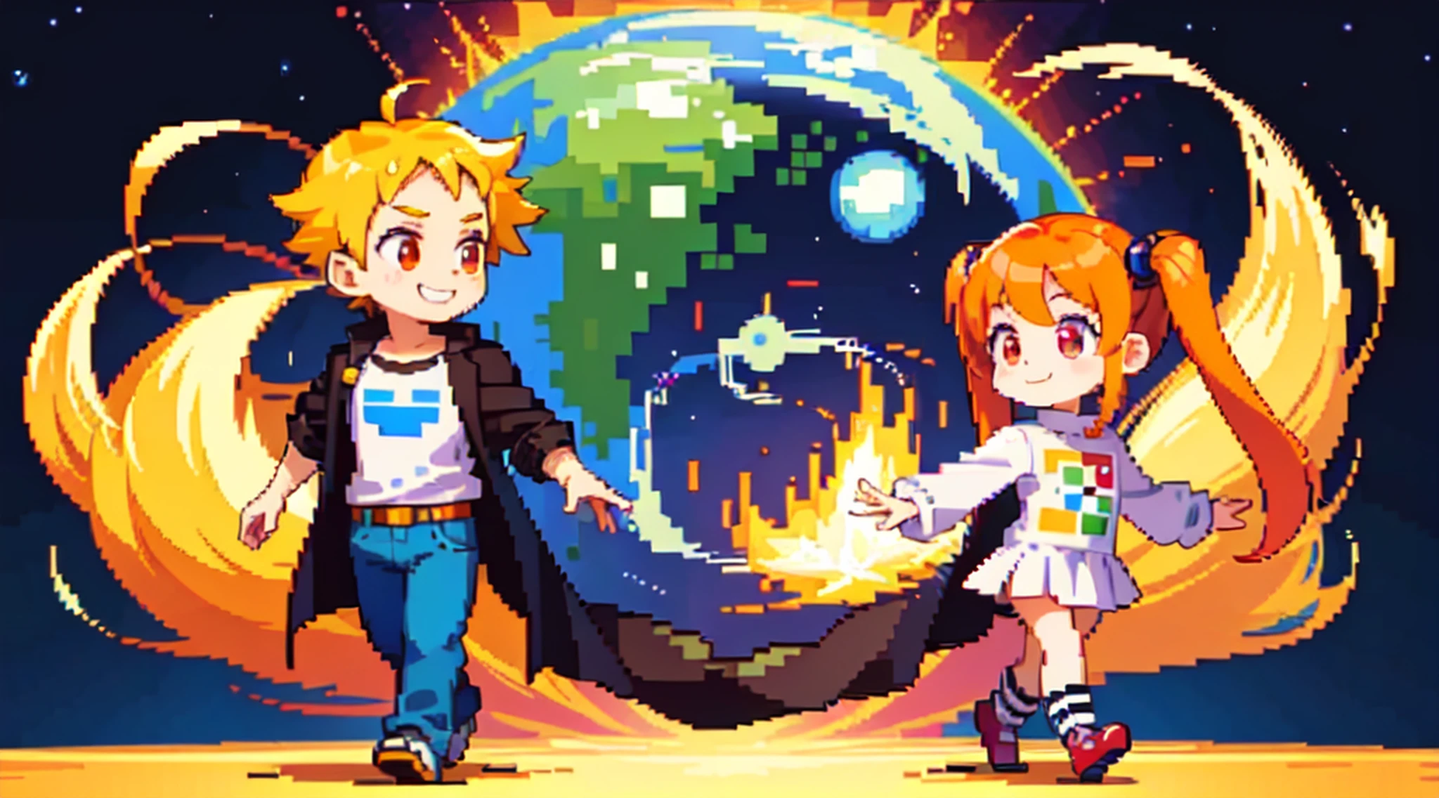 Chibi Chara, Anime, Cute girl in twin tail Argyle Check One Piece, Orange hair, (red eyes), (two heads high such character), ((Infinite Universe, Cosmotic Adventure)), (pixel art), (Retro Games), (Character Chip), Walking Graphic,