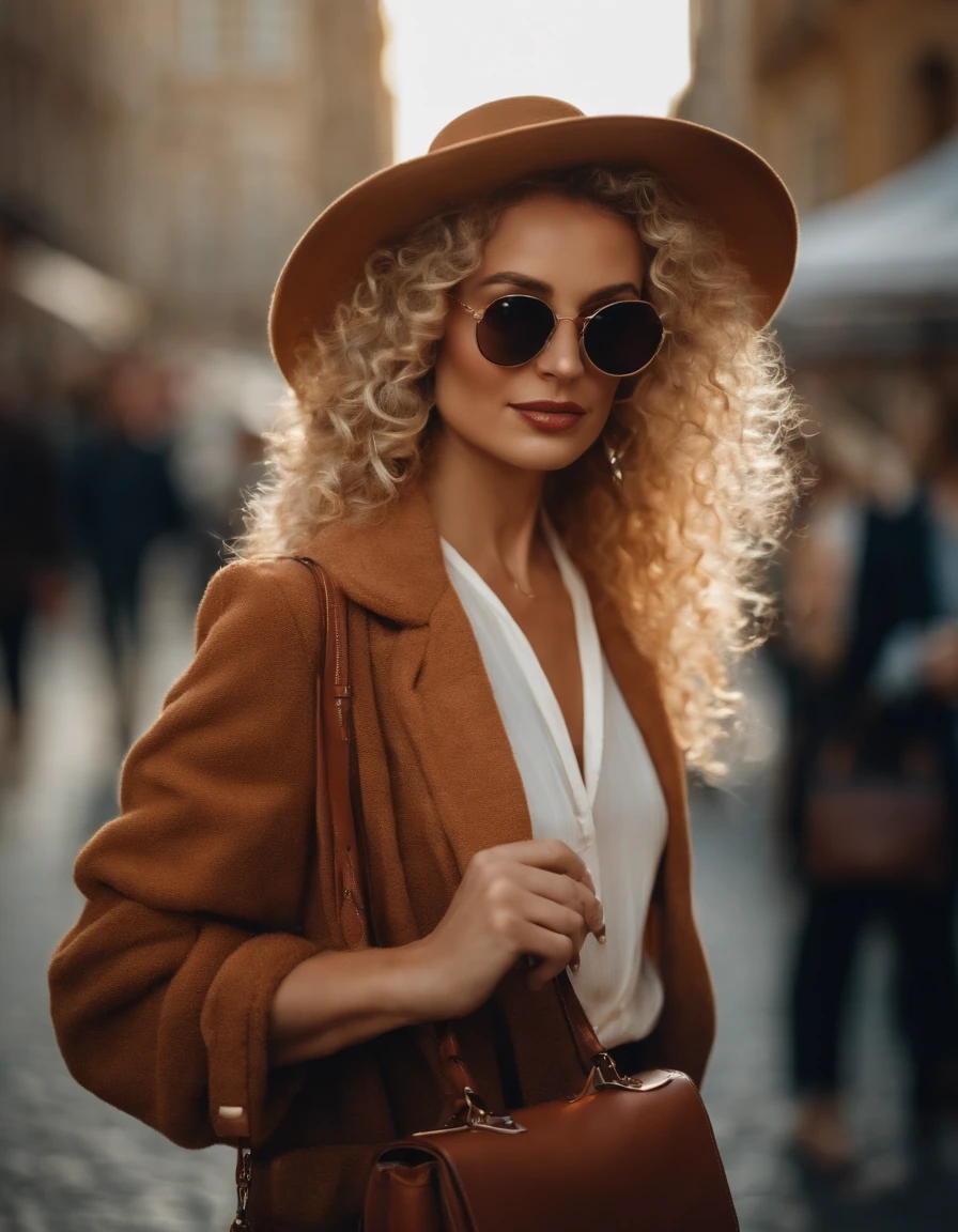 blonde woman with curly hair poses on the street, wearing sunglasses and a handbag, photo taken with provia, in the style of ultrafine detail, high quality photo, 105 mm f/2.4
