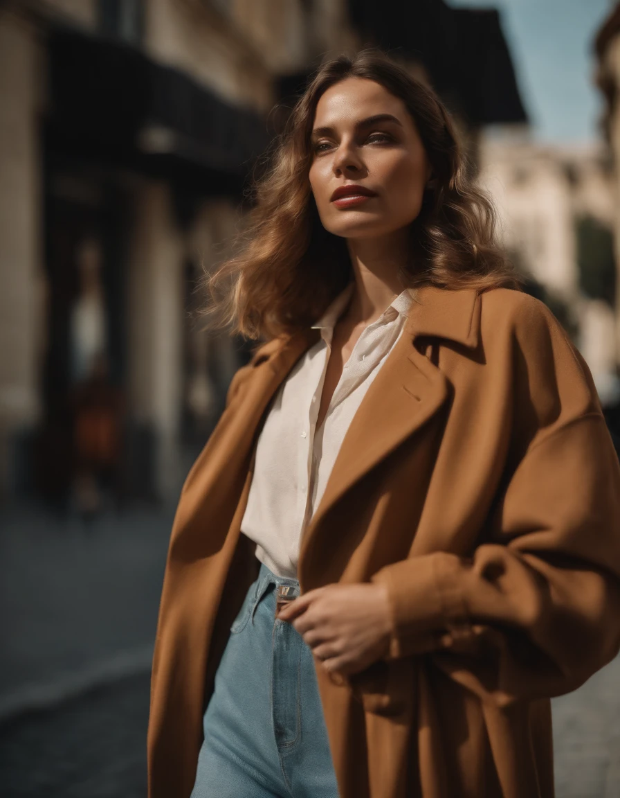 woman dressed casual, casual mood, with oversized retro clothes, walks in the street, low angle shot, half length shot, sunny day, high quality photo
