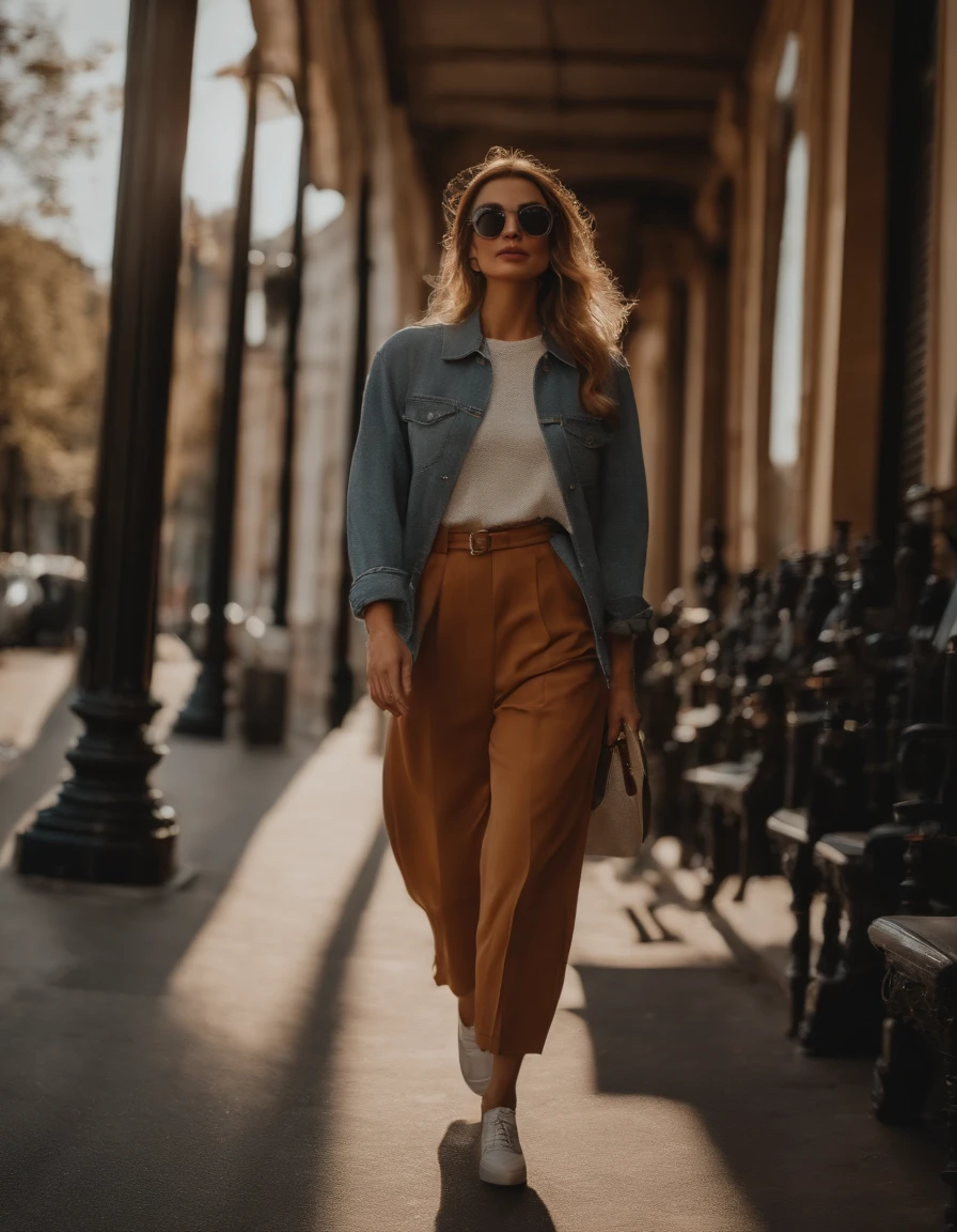 woman dressed casual, casual mood, with oversized retro clothes, walks in the street, low angle shot, half length shot, sunny day, high quality photo
