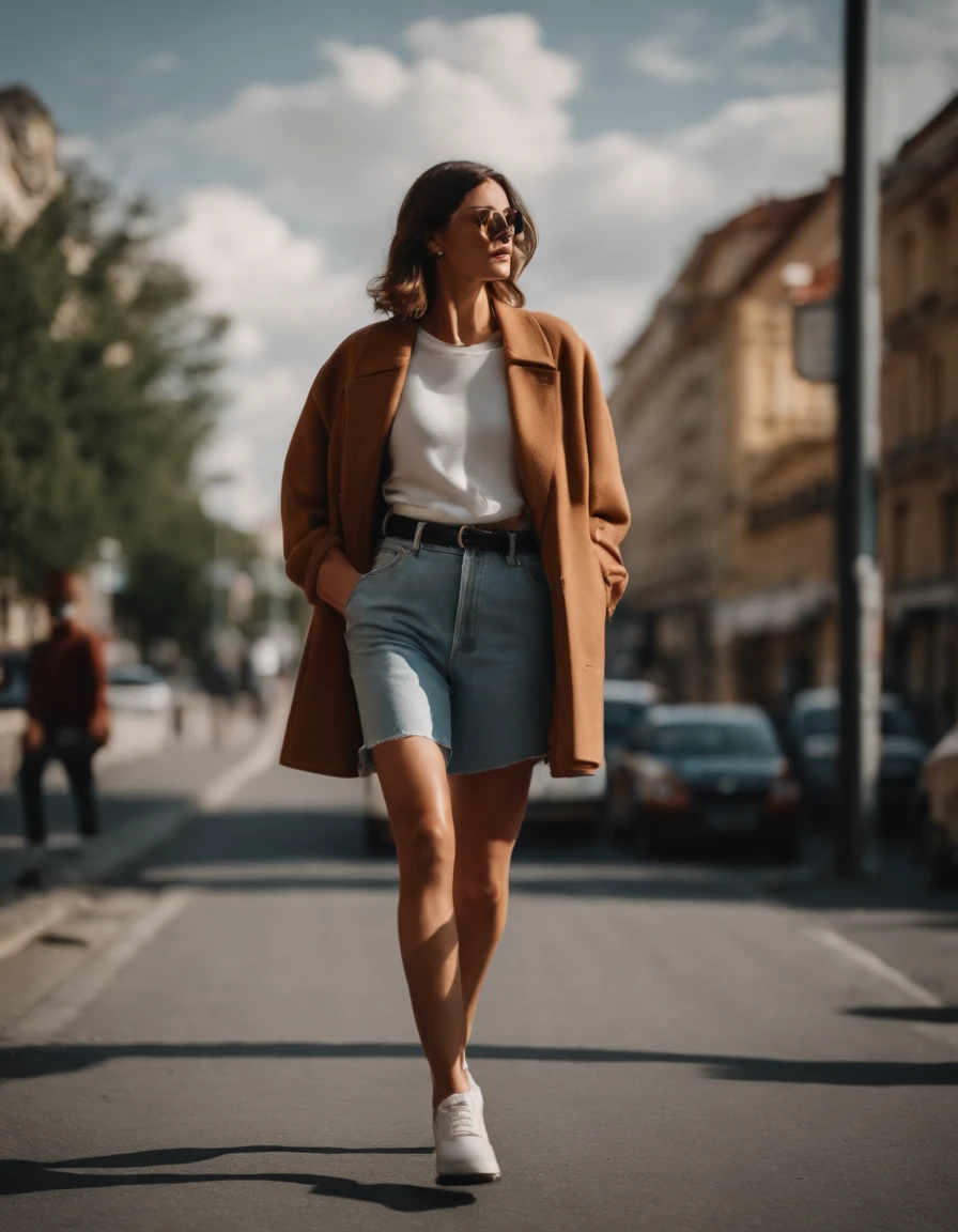 woman dressed casual, casual mood, with oversized retro clothes, walks in the street, low angle shot, half length shot, sunny day, high quality photo