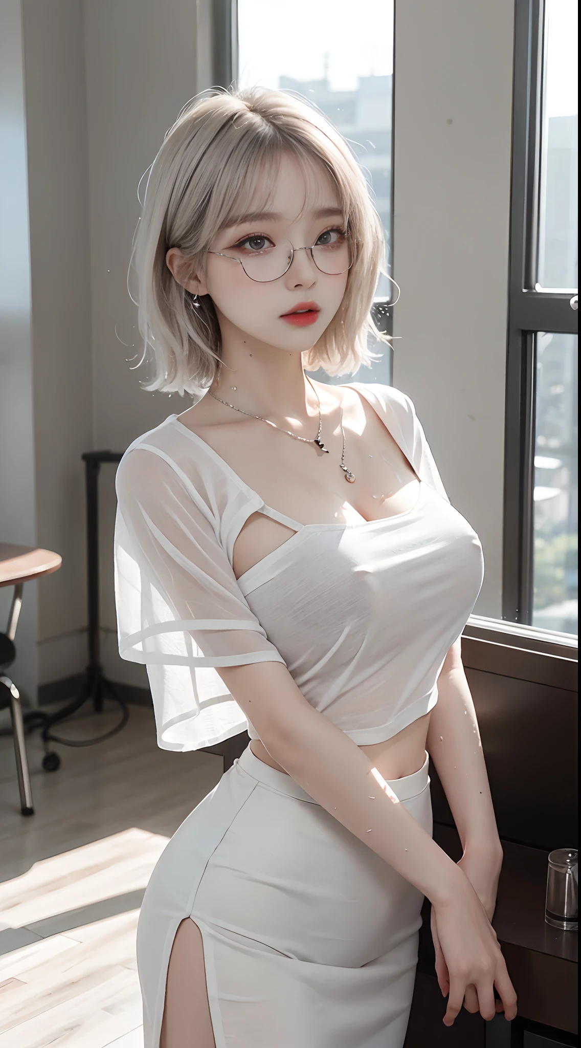 Top image quality、RAW photography、超A high resolution、18-year-old Korean、Glasses Beauty、Colossal tits:1.5、nedium breasts:1.5、White show-off dress shirt、Skinny sheer shirt、Formal skirt、White skin of the、Shiny white skin、(Shortwave hair)、bright silver hair、Bright white hair、beautiful eyes of random colors、Very thin lips、Beautiful eyes finely detailed、Elongated eyes、pale pink blush、long eyelasher、beautiful double eyelid、eye shadows、a necklace、耳Nipple Ring、corporate offices、Corporate help desk、Fashionable glasses、Lighting that emphasizes beautiful skin、Wet shirt、full of sweat