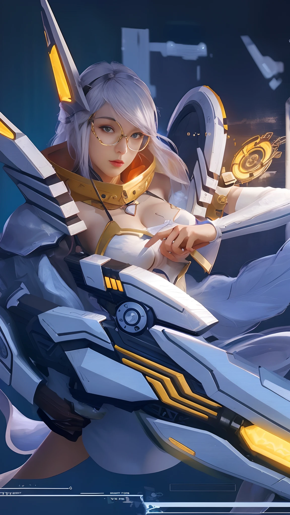 a close up of a girl steampunk with a futuristic gun, futuristic eye glasses, extremely detailed artgerm, style artgerm, rossdraws cartoon vibrant, ig model | artgerm, artgerm style, ! dream artgerm, seraphine ahri kda, artgerm and rossdraws, rossdraws and jazza, as seen on artgerm, (Slim_thights:1.3), ((big breastes)), Slender_thights, white hair, 1girl, 独奏, (shapely body:1.4), generous cleavage, Skinny, detailed anatomy, the perfect body, Detailed body, detailized face, Beautiful anatomical eyes. BREAK Kaisa Dragon Lagoon, The BREAK is very detailed, Intricately detailed art, Artstation's Detailed Triadic Color Trend in Unreal Engine 5, 8K resolution, deviantart masterpiece. (extreme close up portrait). white hair, realistic hair, lots of hair, realistic suit, realistic solid gun texture, realistic background, masterpiece realistic original