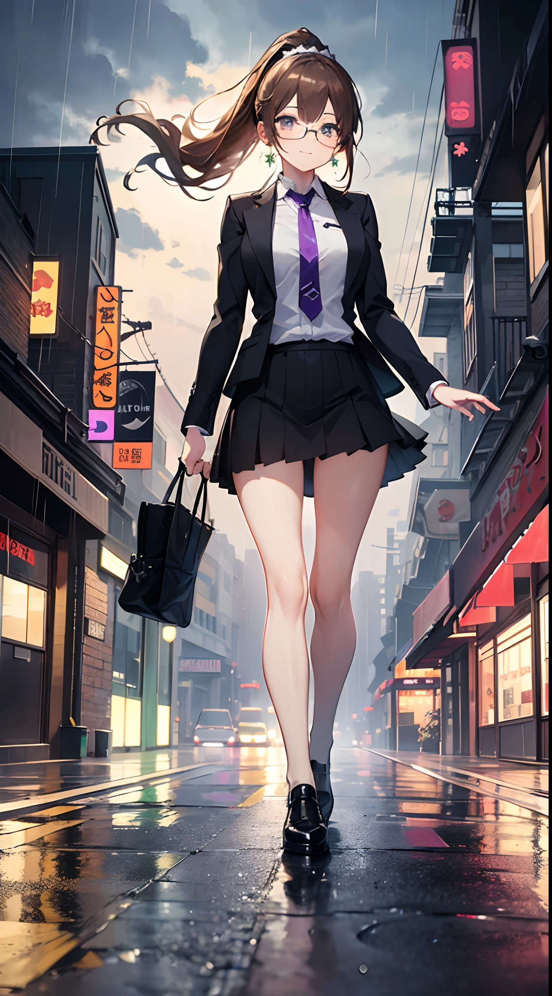((masterpiece)), ((best quality)), (ultra-detailed), ((kawaii)), cute, (lovely), ((extremely detailed)), 4K, (8K), best quality, (beautiful), anime style, walking, full body focus, city, town, night, a cute girl, 1girl, solo, suit, beautiful light brown hair, beautiful purple eyes, ((beautiful eyes)), white-skinned, ponytail, transparent hair, translucent hair, large breast, glasses, necktie, tie, earrings, necklace, light smile, neon light, wind effect, rainy, rain, reflection effect
