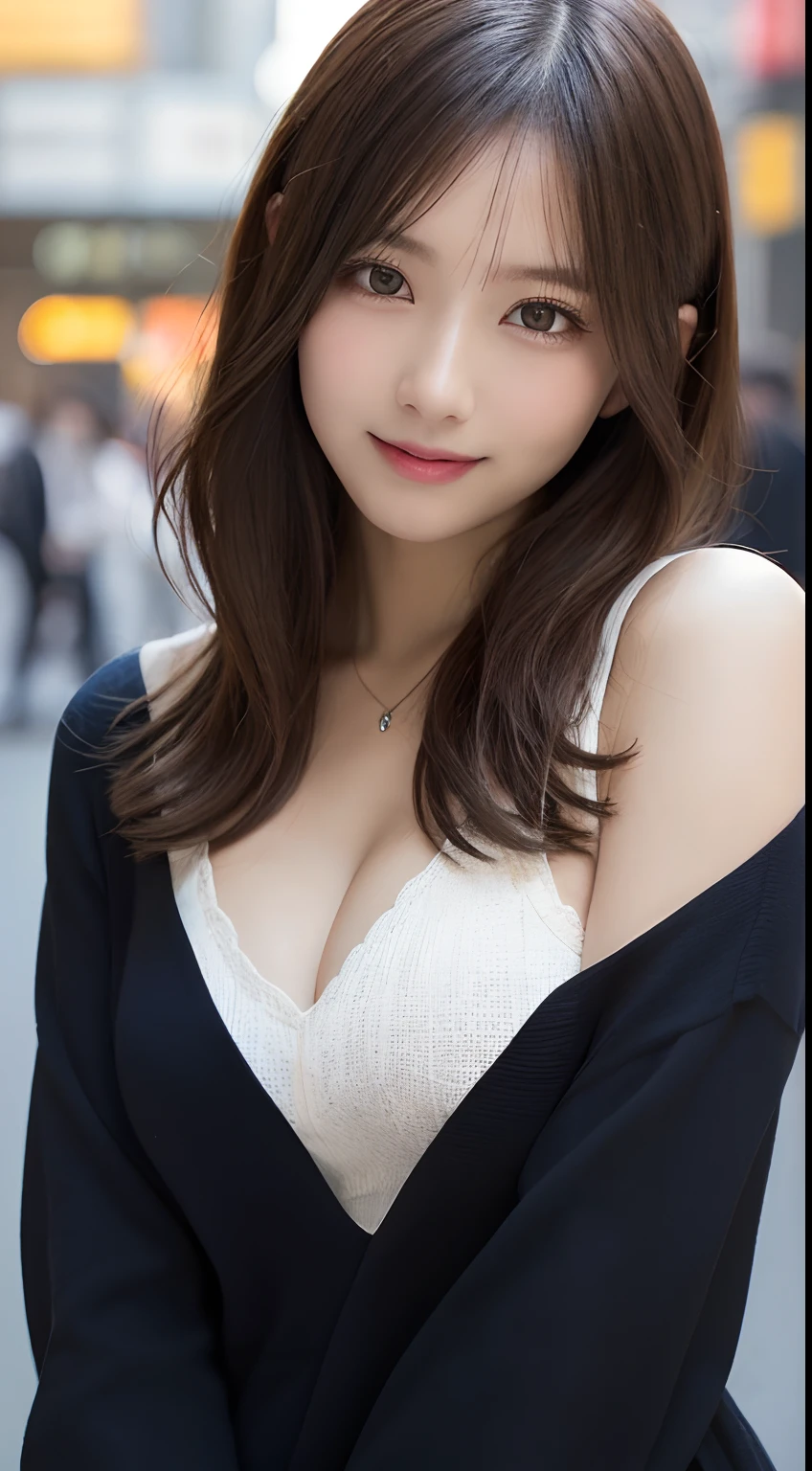 masutepiece, Best Quality, Illustration, Ultra-detailed, finely detail, hight resolution, 8K Wallpaper, Perfect dynamic composition, Beautiful detailed eyes, Women's Fashion Autumn,Medium Hair,Small breasts natural color lip, Bold sexy poses,Smile,Tokyo Station、20 years girl、Cute、Sexy shot looking at camera