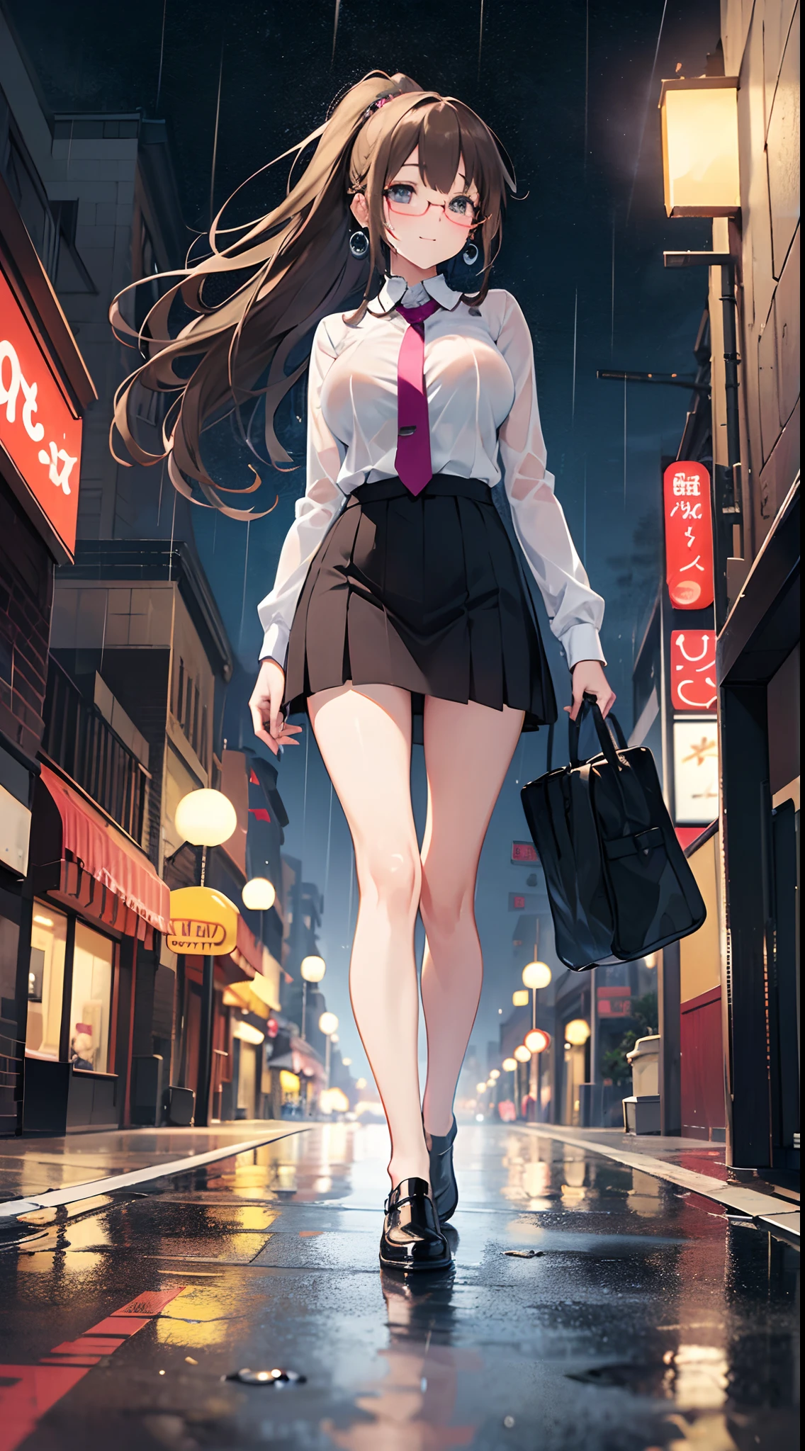 ((masterpiece)), ((best quality)), (ultra-detailed), ((kawaii)), cute, (lovely), ((extremely detailed)), 4K, (8K), best quality, (beautiful), anime style, walking, full body focus, city, town, night, a cute girl, 1girl, solo, suit, beautiful light brown hair, beautiful purple eyes, ((beautiful eyes)), white-skinned, ponytail, transparent hair, translucent hair, large breast, glasses, necktie, tie, earrings, necklace, light smile, neon light, wind effect, rainy, rain, reflection effect