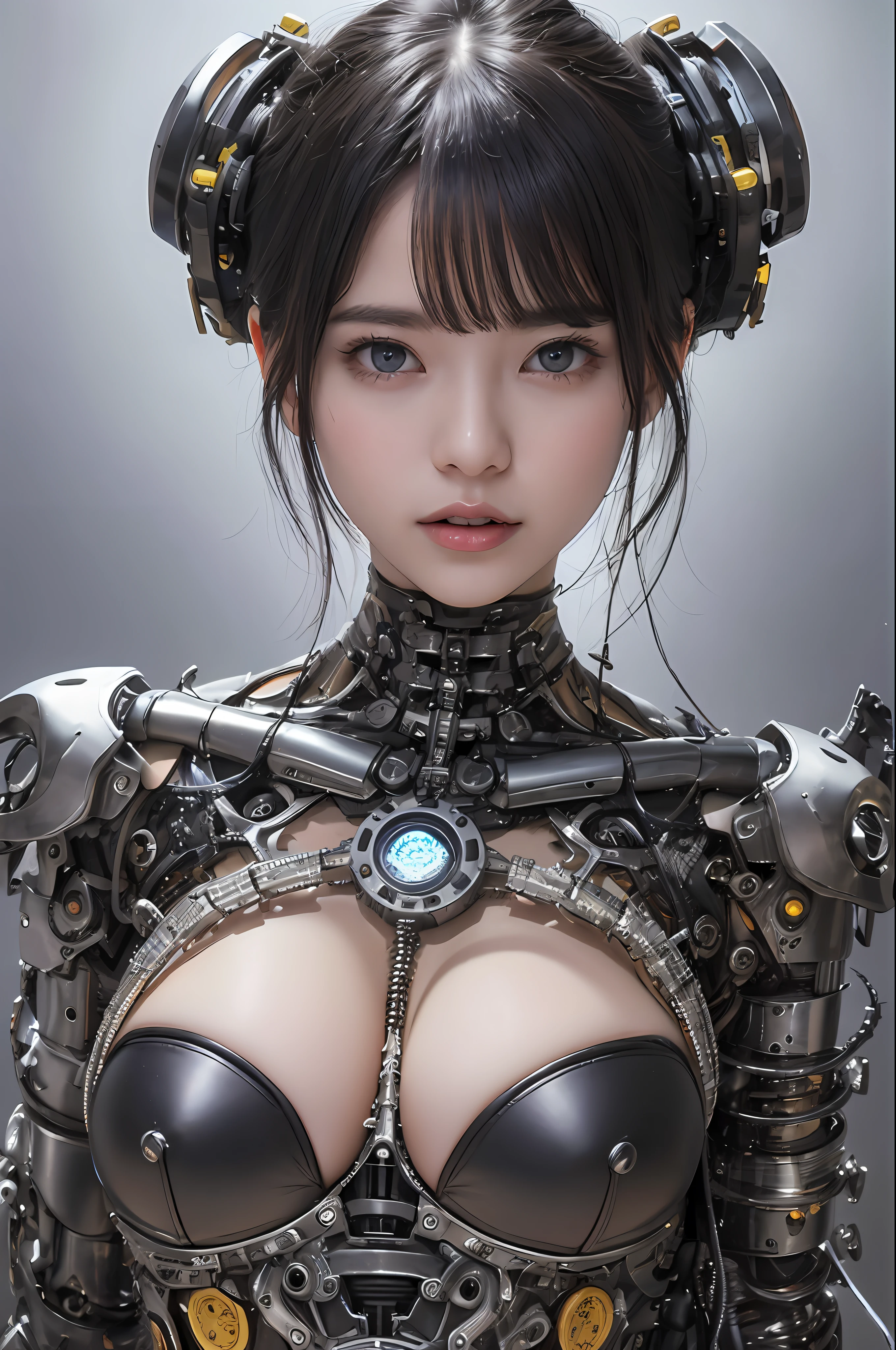 最好质量、tmasterpiece、ultra-high-resolution、(photoreallistic:1.4)、Raw photo、女の子1人、Black hair、glowy skin、1 Mechanical Girl、((hyper realistic detail))、portlate、Global Illumination、Shadow、octane rend、8K、ultrasharp、big tit、Raw skin is exposed in cleavage、metals、Details of complex ornaments、Gothloli details、Analog Meter、cog、gear、Golden hydraulic cylinder、hyper intricate details、Realistic light、CGSoation Trends、purple colored eyes、eyes glowing、Facing the camera、neon details、Mechanical limbs、blood vessels connected to tubes、Mechanical vertebrae attached to the back、mechanical cervical attaching to neck、sitting on、Wires and cables connecting to the head、Small LED lamp、