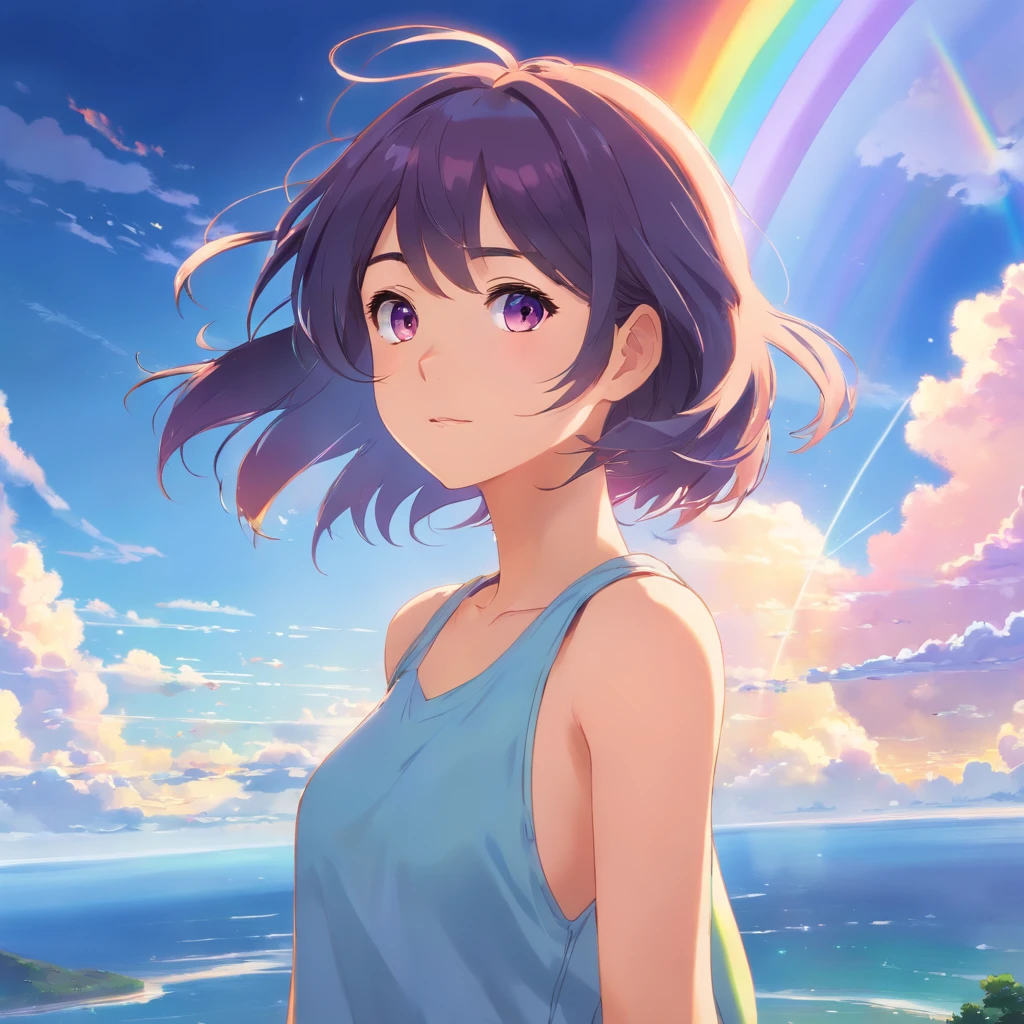 masterpiece, best quality, movie still, 1girl, cloud girl, floating in the sky, close-up, bright, happy, warm soft lighting, sunset, (sparks:0.7),, dynamic pose, cyber, black hair, harajuku charms, harajuku style, purple eyes, plaster on nose, (((rainbow))), huge boobs, adult, mature variation