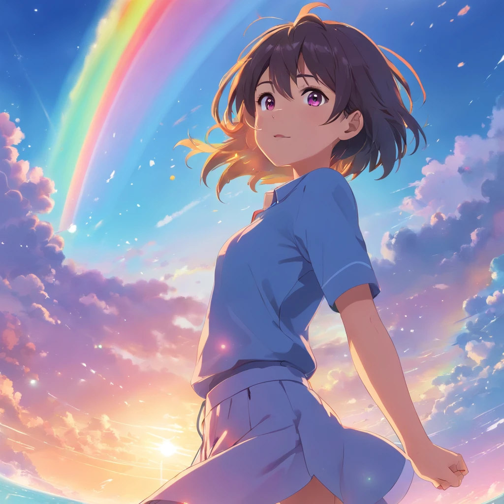 masterpiece, best quality, movie still, 1girl, cloud girl, floating in the sky, close-up, bright, happy, warm soft lighting, sunset, (sparks:0.7),, dynamic pose, cyber, black hair, harajuku charms, harajuku style, purple eyes, plaster on nose, (((rainbow))), huge boobs, adult, mature variation