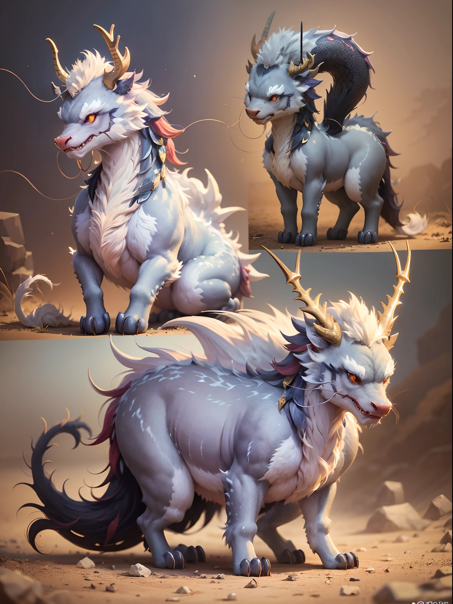 three-view drawing, generate three views, namely thefront view,the back view the and side view,very cute divine beast (Kirin 1.22), squatting on the ground, cartoon IP, red, full body, clean background,C4D, --auto --s2